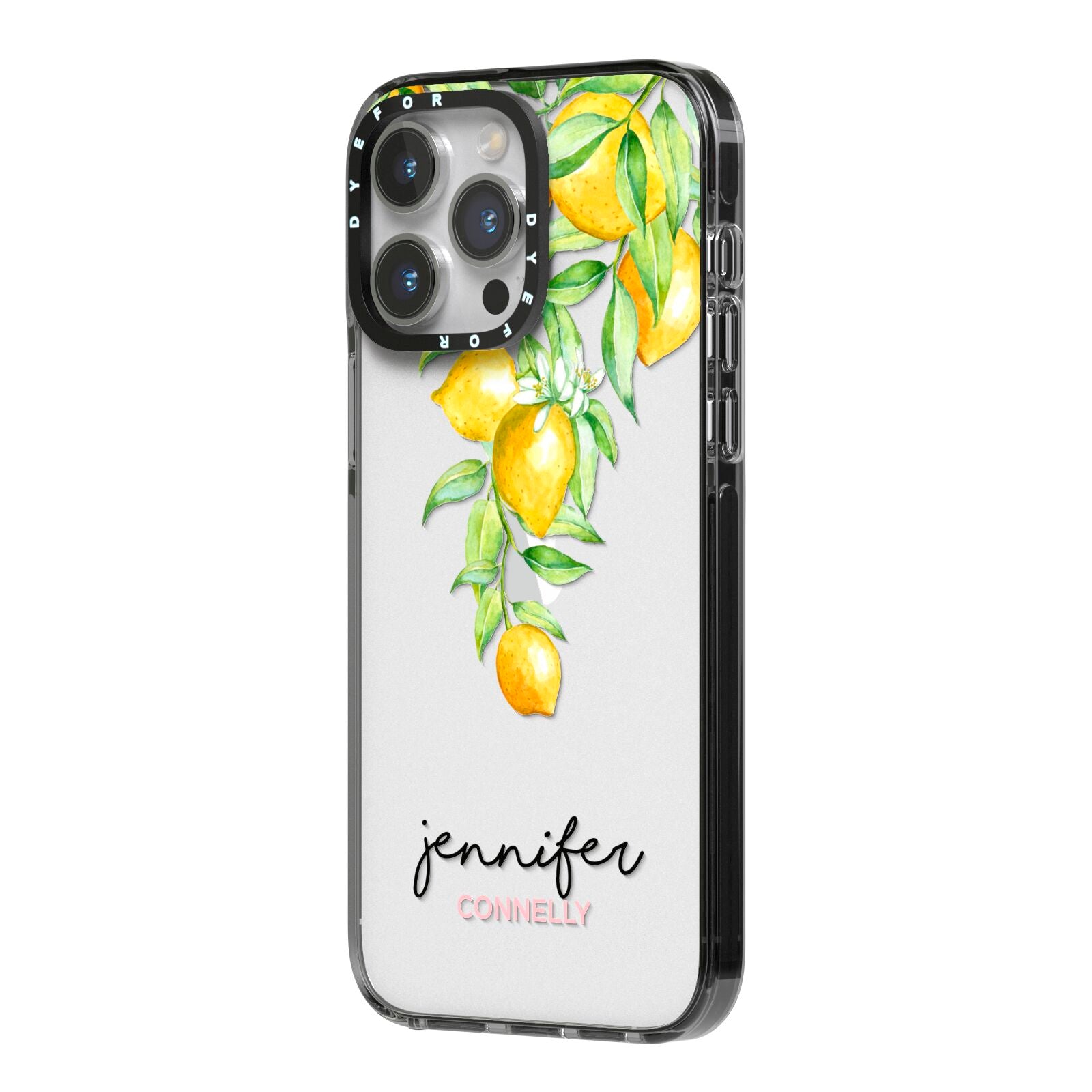 Personalised Lemons Drop iPhone 14 Pro Max Black Impact Case Side Angle on Silver phone