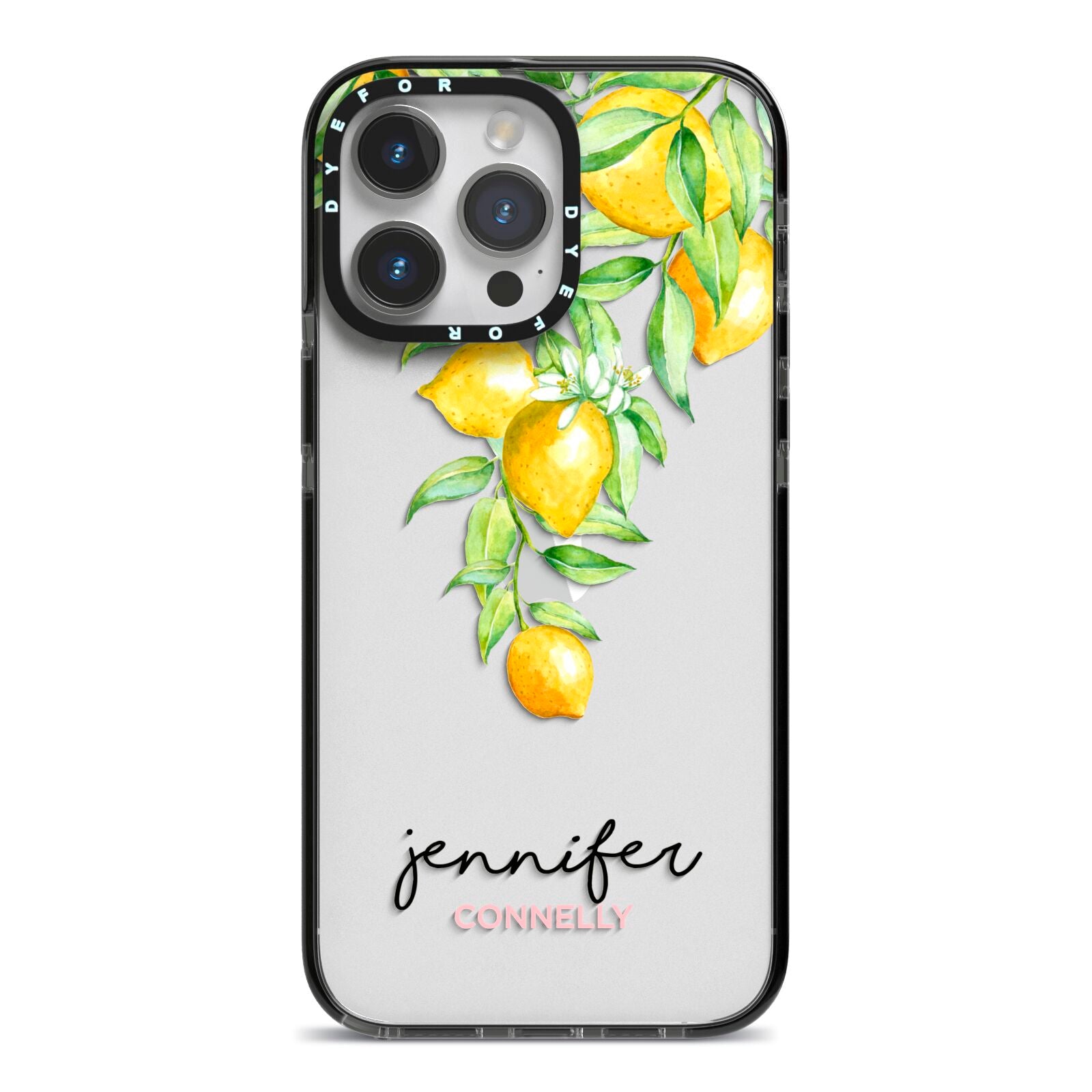 Personalised Lemons Drop iPhone 14 Pro Max Black Impact Case on Silver phone