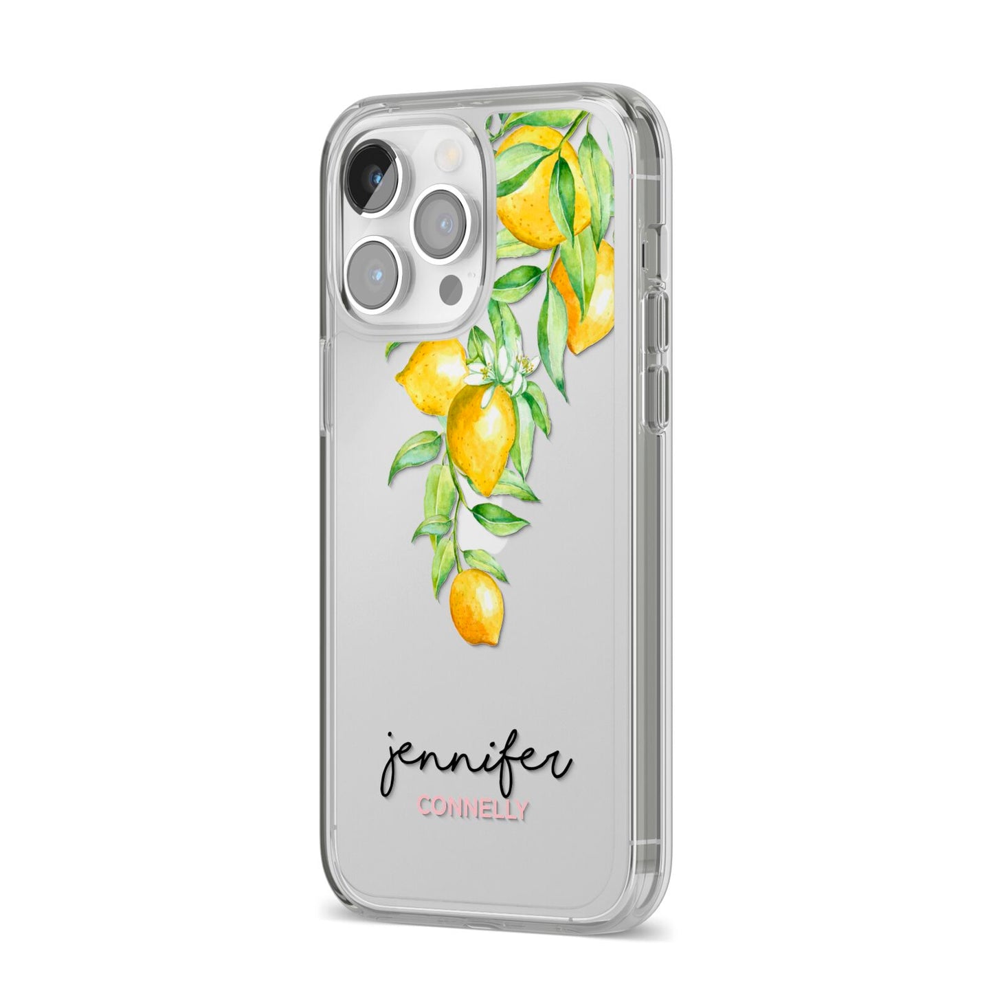 Personalised Lemons Drop iPhone 14 Pro Max Clear Tough Case Silver Angled Image