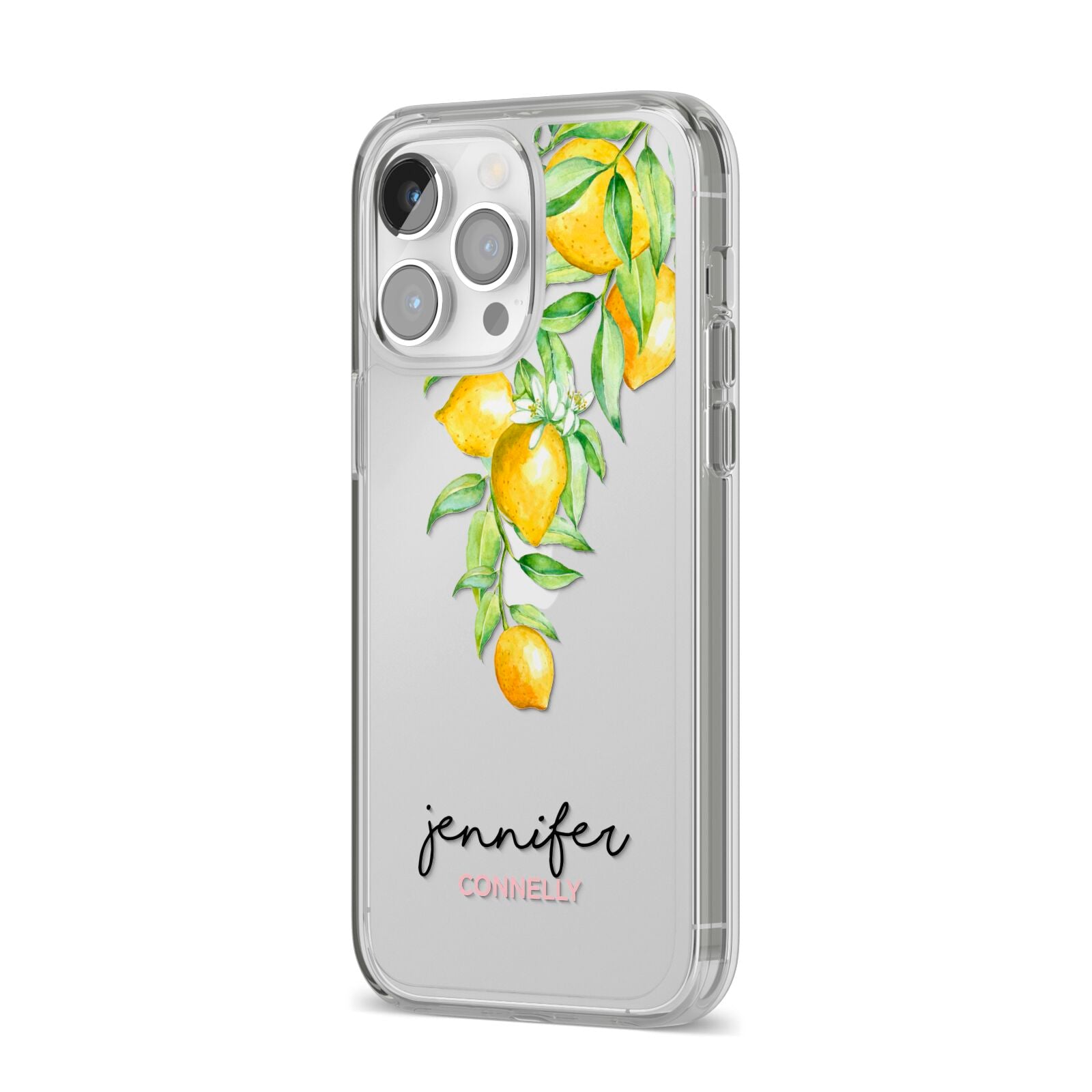 Personalised Lemons Drop iPhone 14 Pro Max Clear Tough Case Silver Angled Image