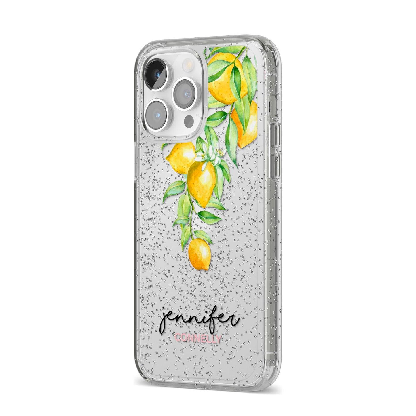 Personalised Lemons Drop iPhone 14 Pro Max Glitter Tough Case Silver Angled Image