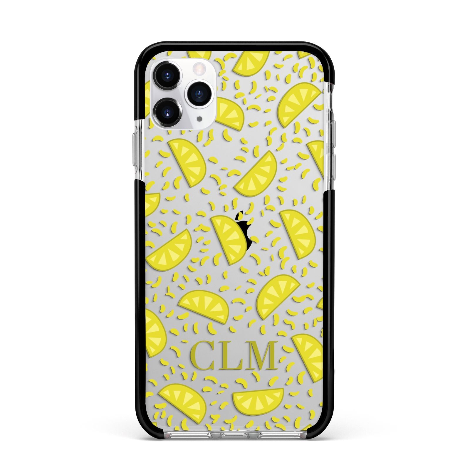 Personalised Lemons Initials Clear Apple iPhone 11 Pro Max in Silver with Black Impact Case
