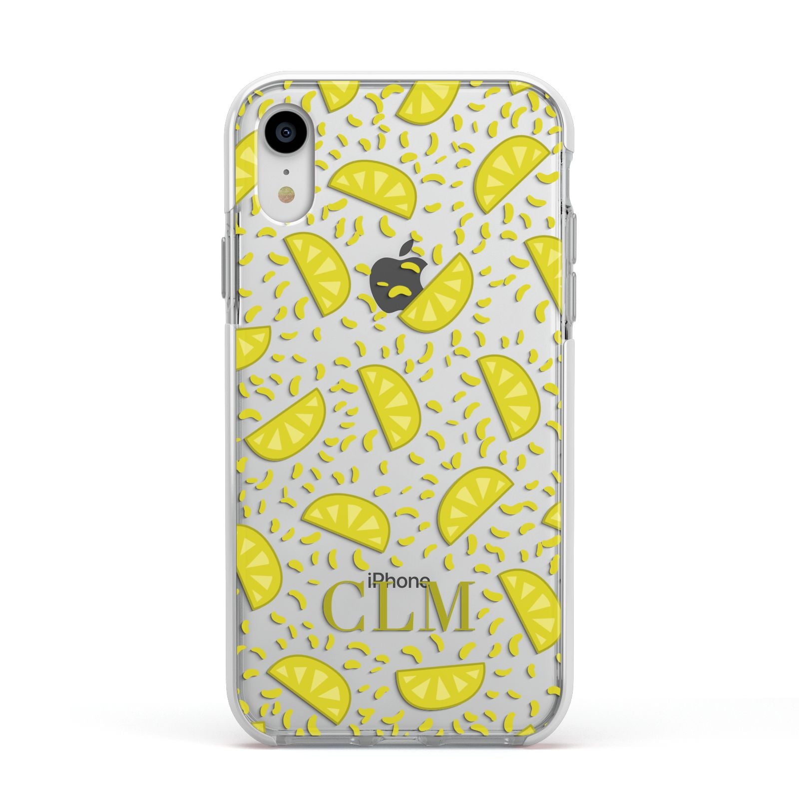 Personalised Lemons Initials Clear Apple iPhone XR Impact Case White Edge on Silver Phone