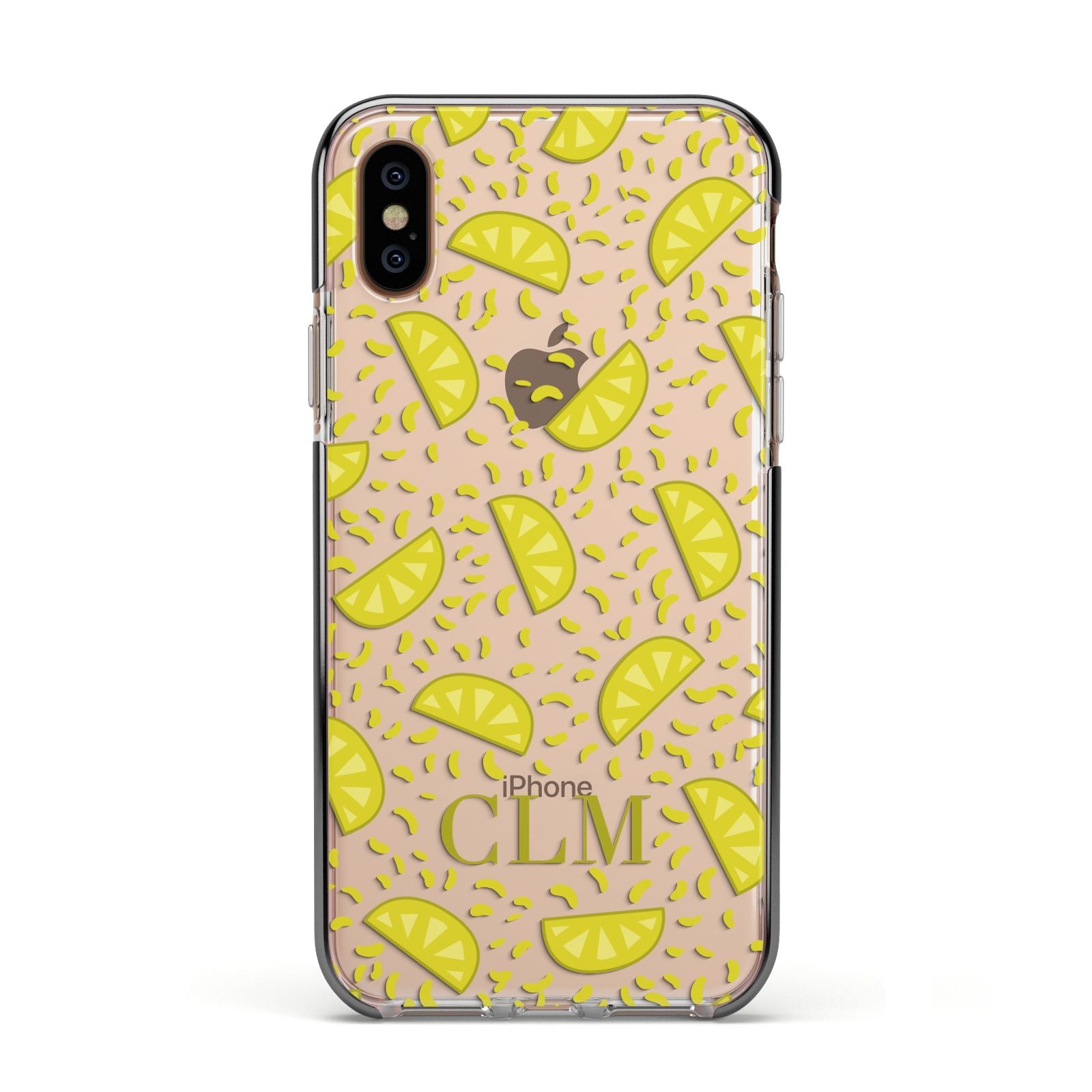 Personalised Lemons Initials Clear Apple iPhone Xs Impact Case Black Edge on Gold Phone