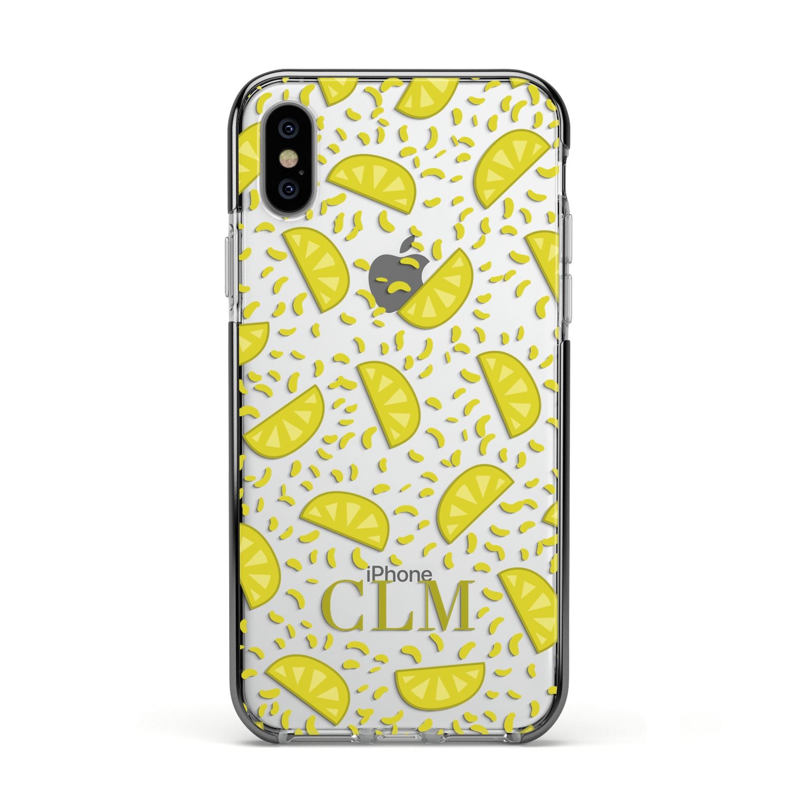 Personalised Lemons Initials Clear Apple iPhone Xs Impact Case Black Edge on Silver Phone