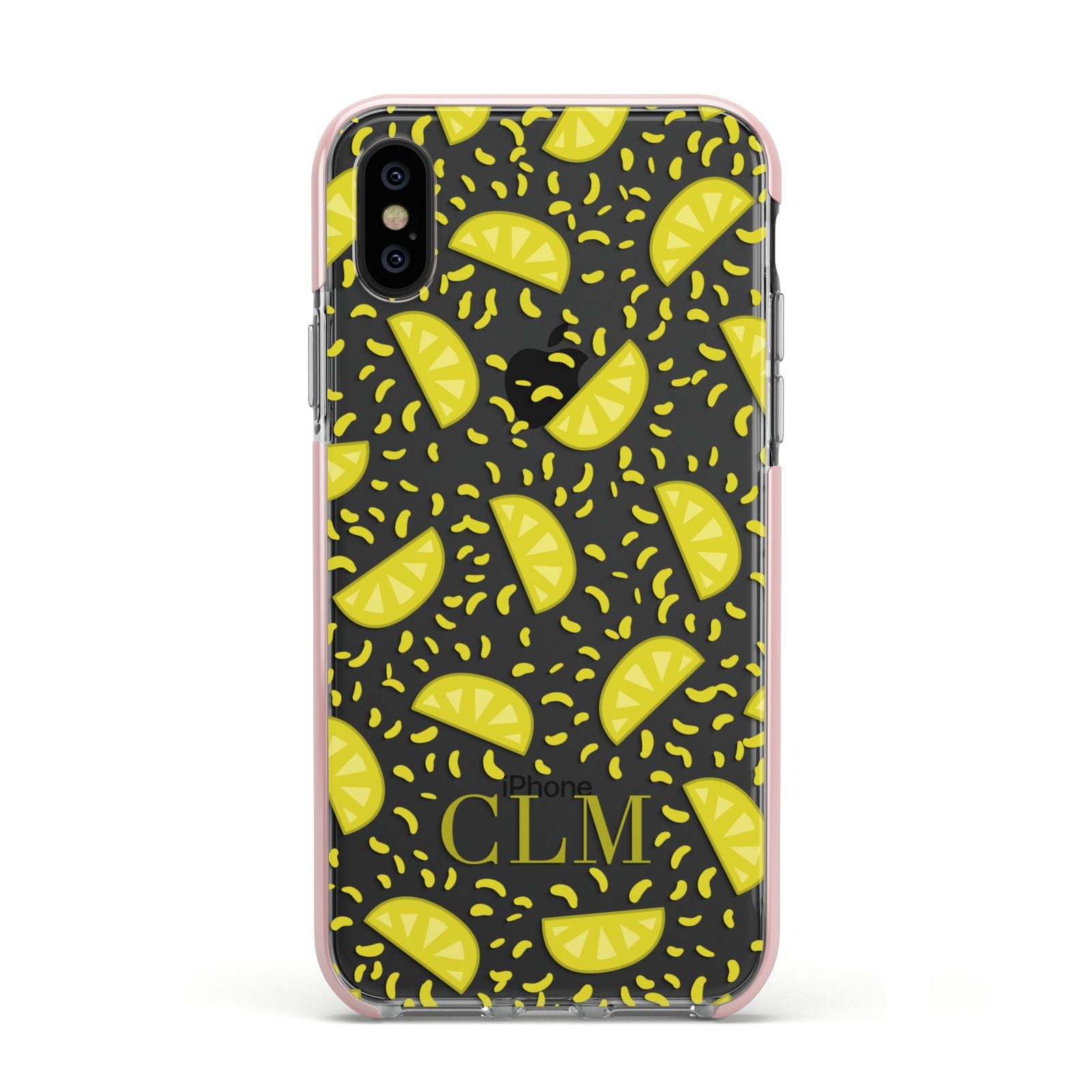 Personalised Lemons Initials Clear Apple iPhone Xs Impact Case Pink Edge on Black Phone