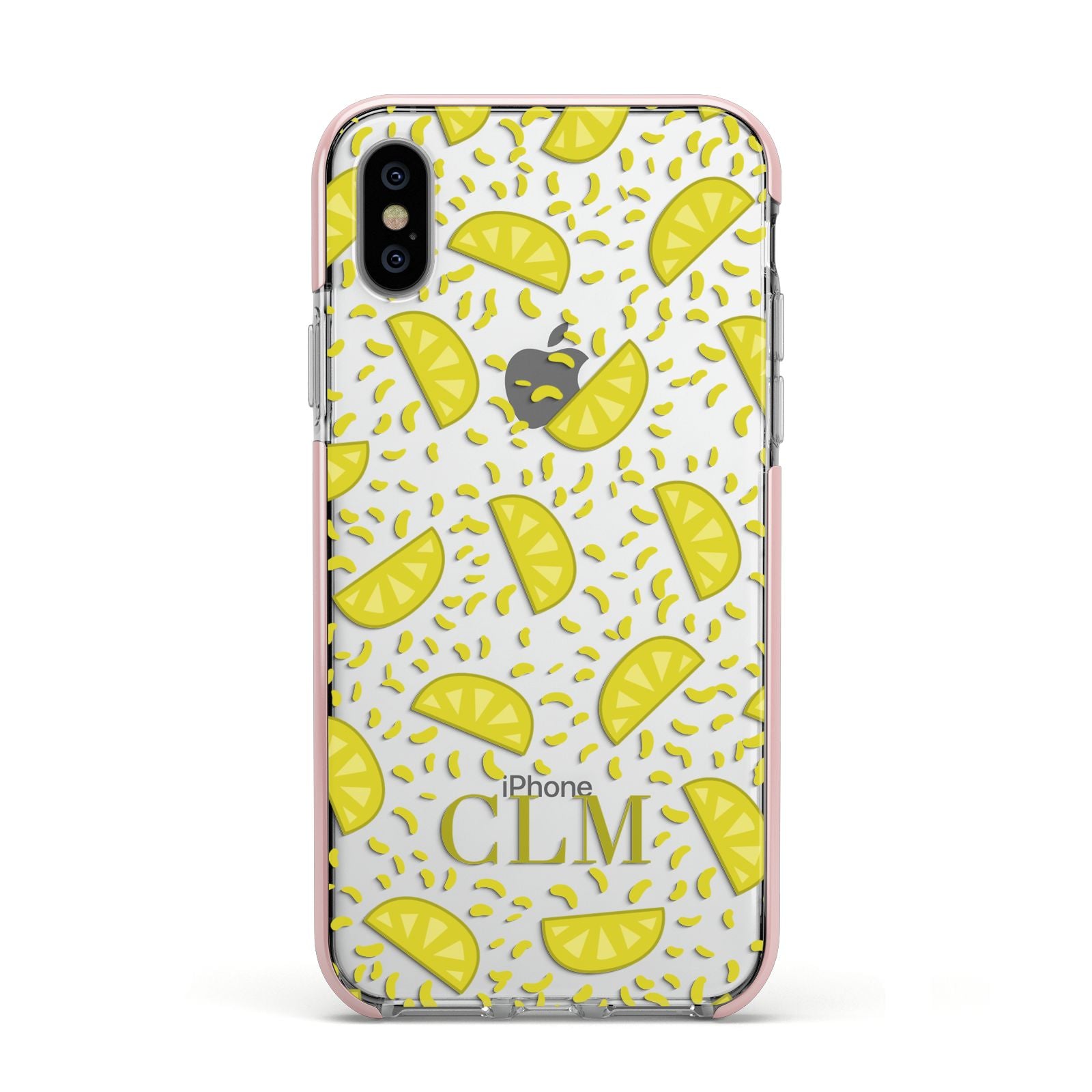 Personalised Lemons Initials Clear Apple iPhone Xs Impact Case Pink Edge on Silver Phone