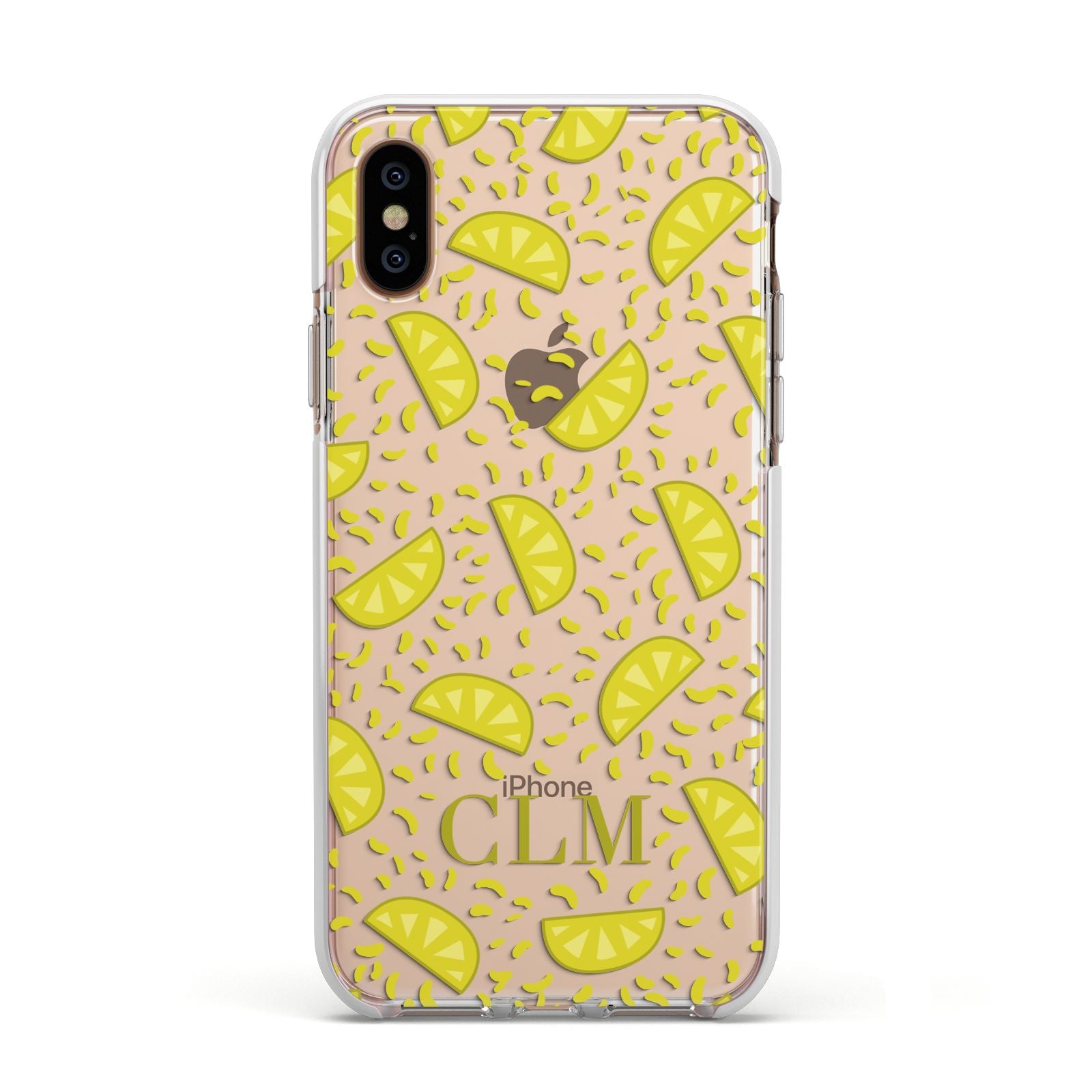 Personalised Lemons Initials Clear Apple iPhone Xs Impact Case White Edge on Gold Phone