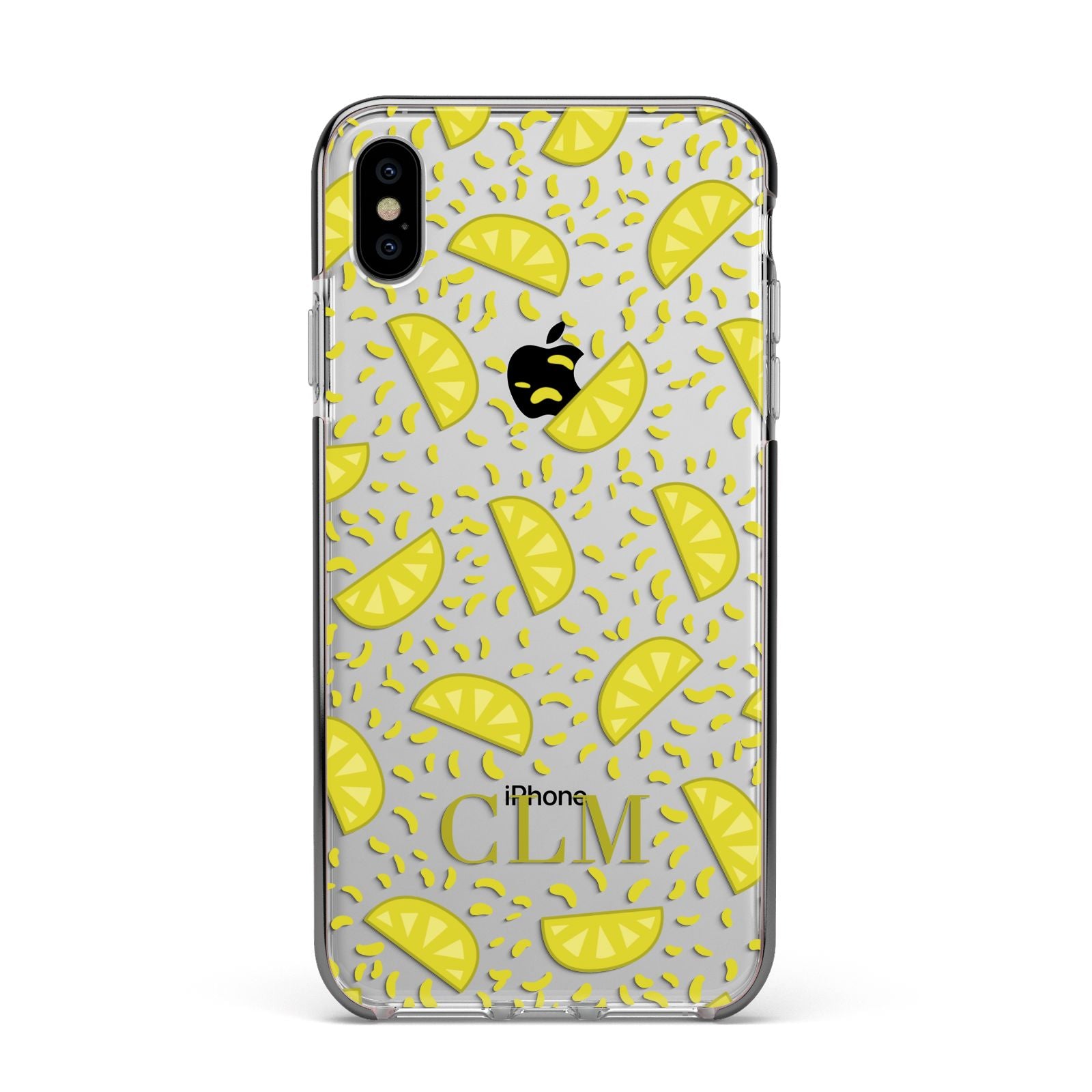 Personalised Lemons Initials Clear Apple iPhone Xs Max Impact Case Black Edge on Silver Phone