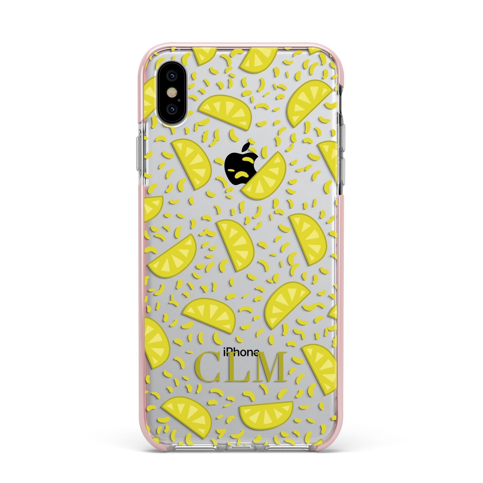 Personalised Lemons Initials Clear Apple iPhone Xs Max Impact Case Pink Edge on Silver Phone