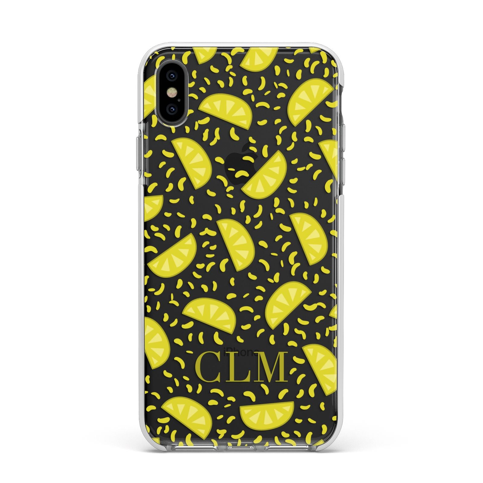 Personalised Lemons Initials Clear Apple iPhone Xs Max Impact Case White Edge on Black Phone