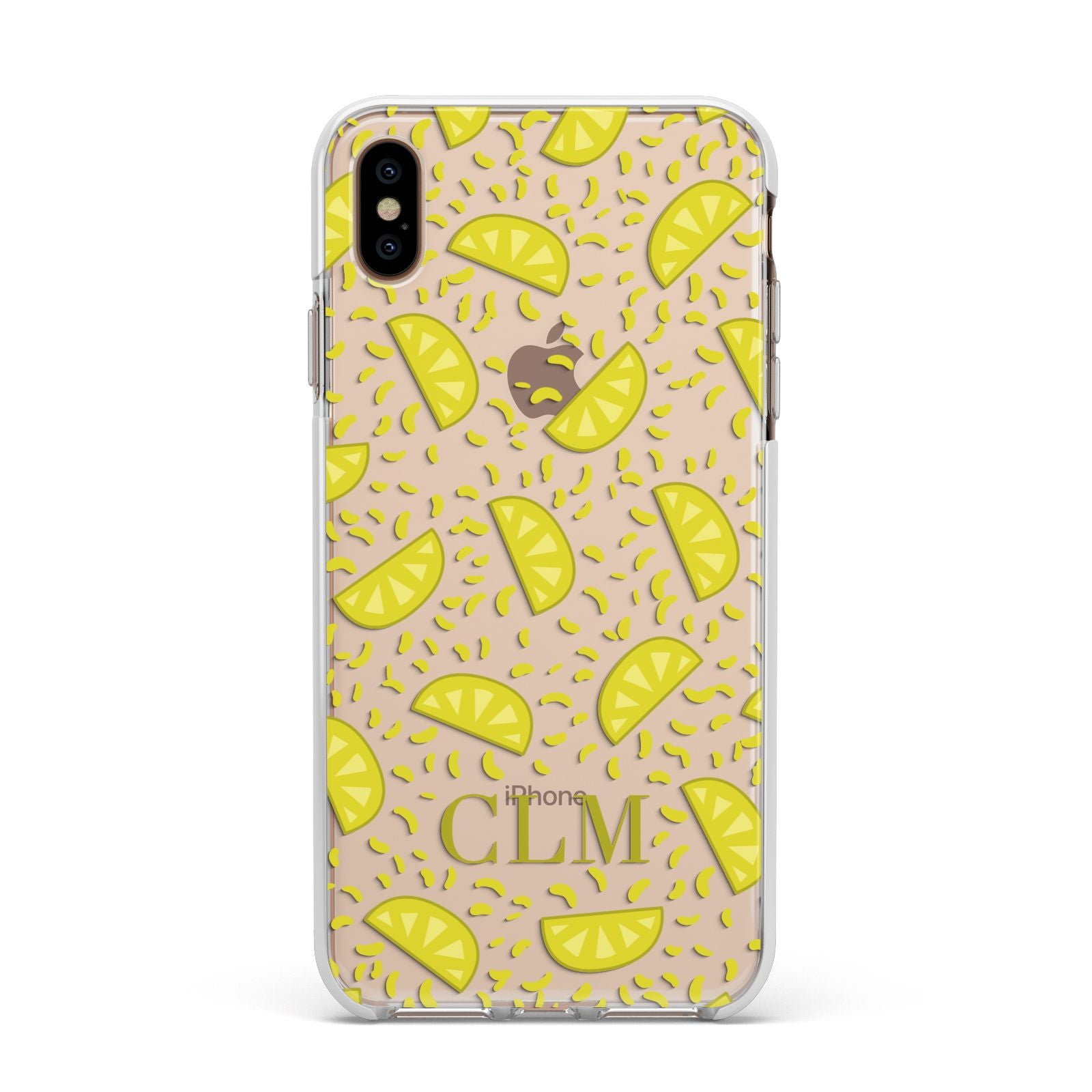 Personalised Lemons Initials Clear Apple iPhone Xs Max Impact Case White Edge on Gold Phone