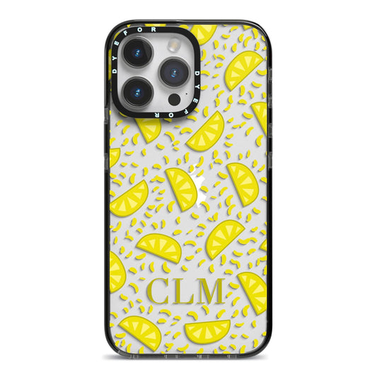 Personalised Lemons Initials Clear iPhone 14 Pro Max Black Impact Case on Silver phone