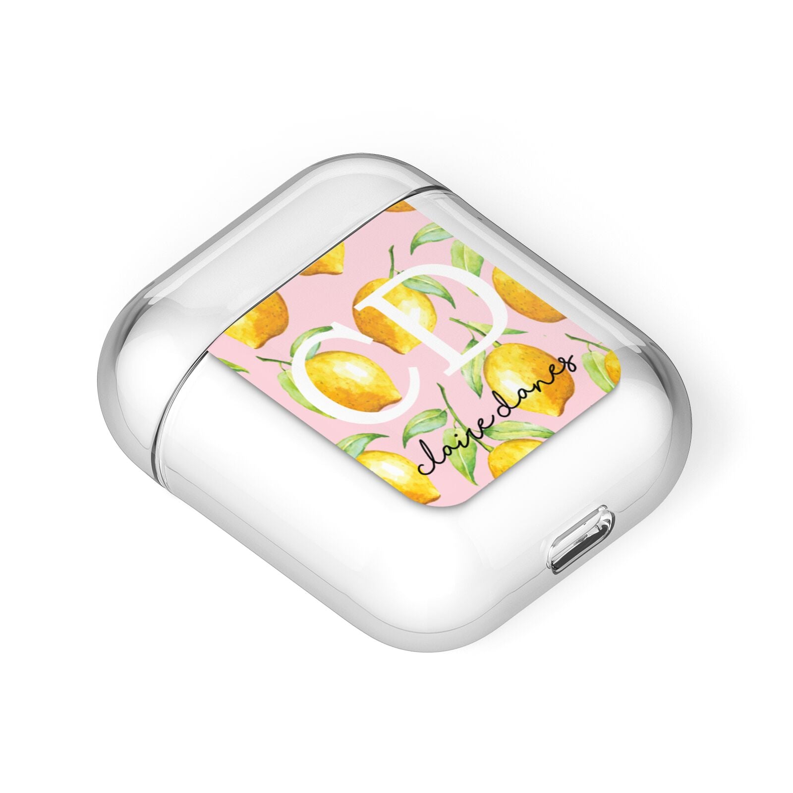 Personalised Lemons Pink AirPods Case Laid Flat