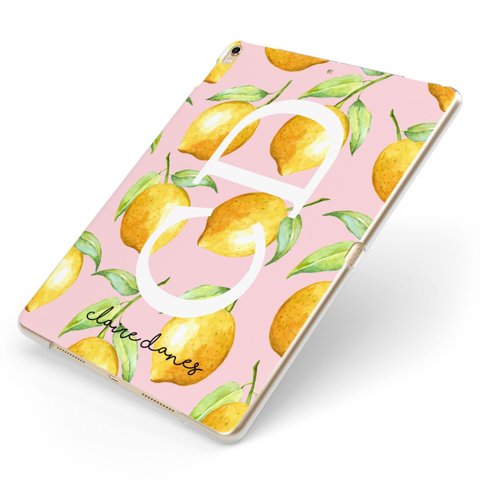 Personalised Lemons Pink Apple iPad Case on Gold iPad Side View