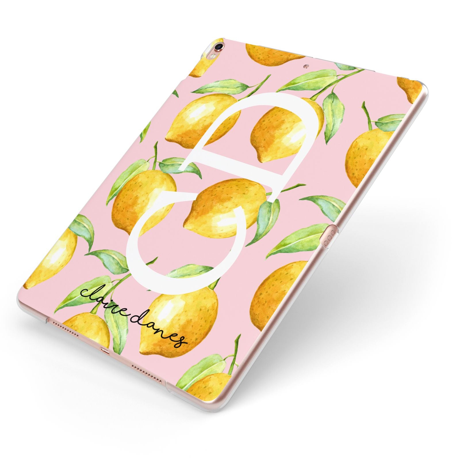 Personalised Lemons Pink Apple iPad Case on Rose Gold iPad Side View