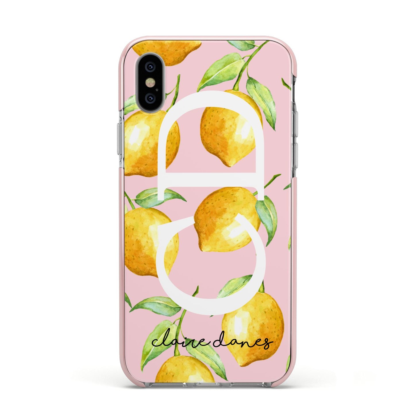 Personalised Lemons Pink Apple iPhone Xs Impact Case Pink Edge on Silver Phone