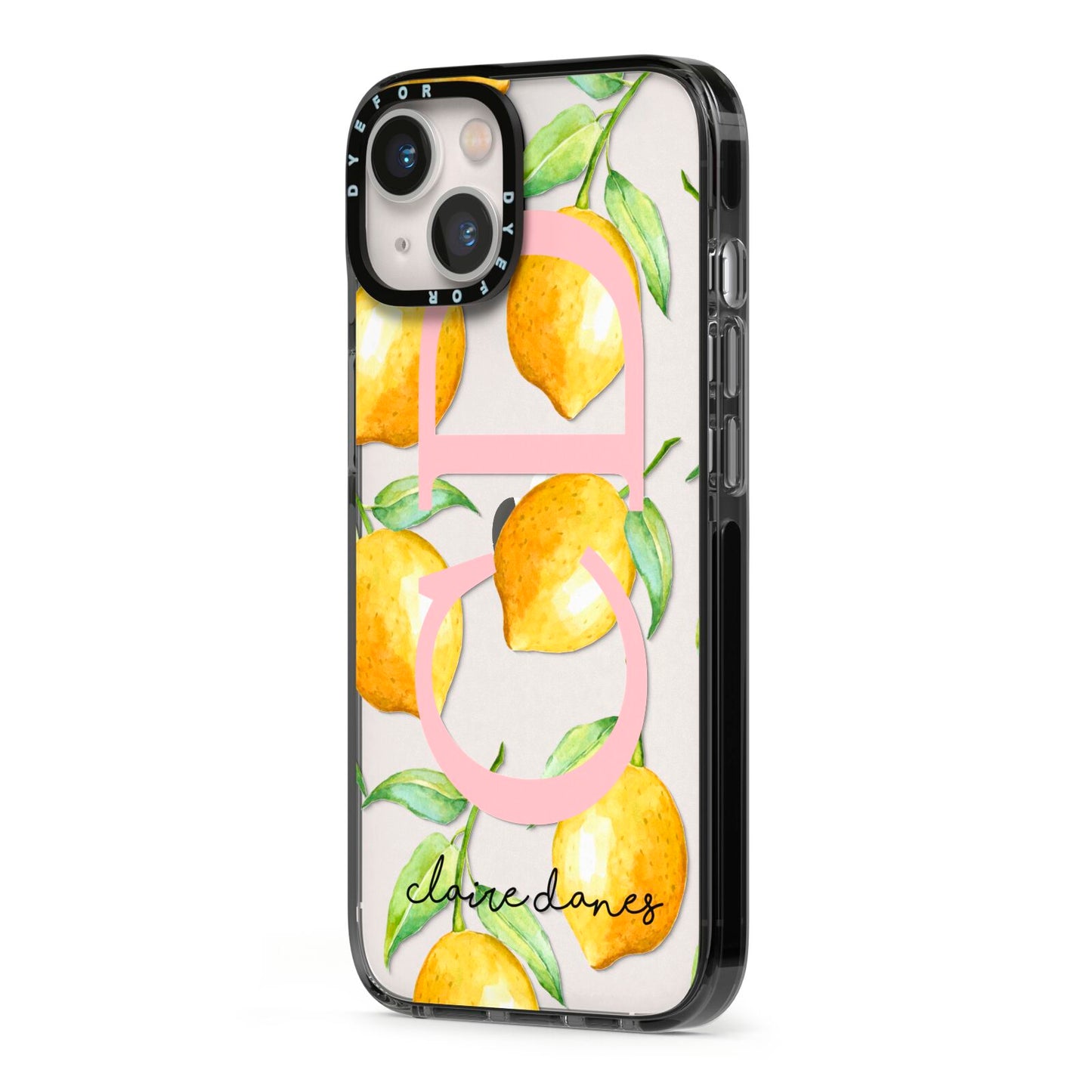 Personalised Lemons iPhone 13 Black Impact Case Side Angle on Silver phone