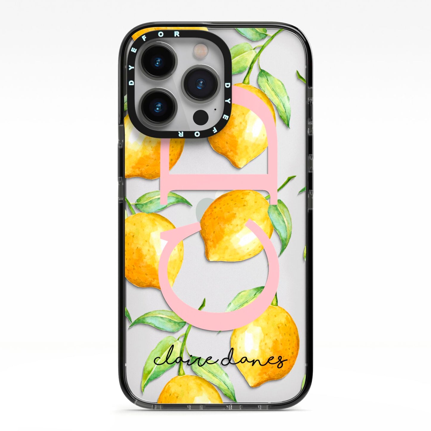 Personalised Lemons iPhone 13 Pro Black Impact Case on Silver phone