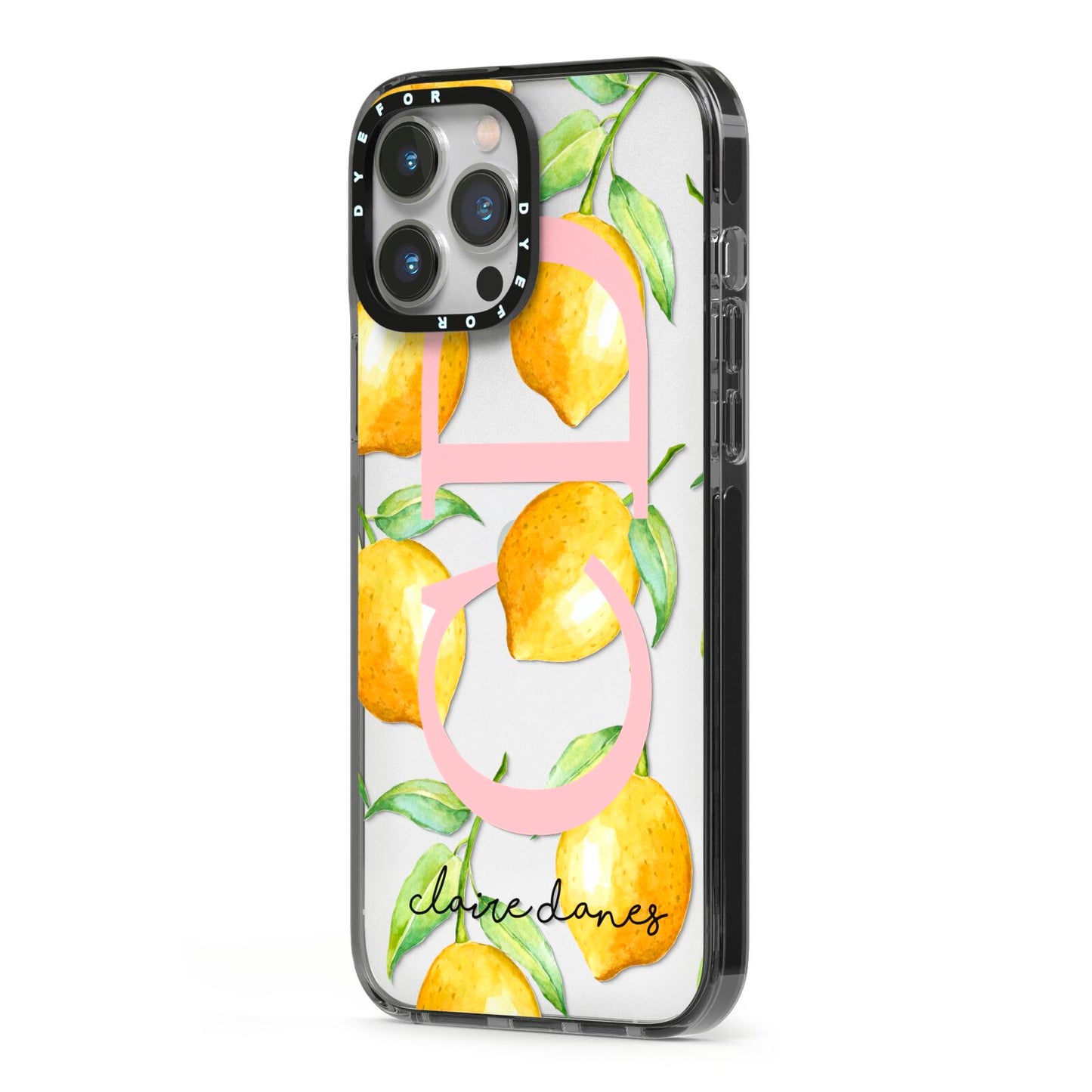 Personalised Lemons iPhone 13 Pro Max Black Impact Case Side Angle on Silver phone