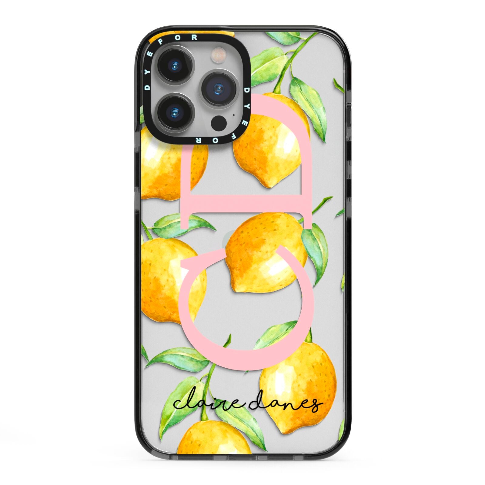 Personalised Lemons iPhone 13 Pro Max Black Impact Case on Silver phone