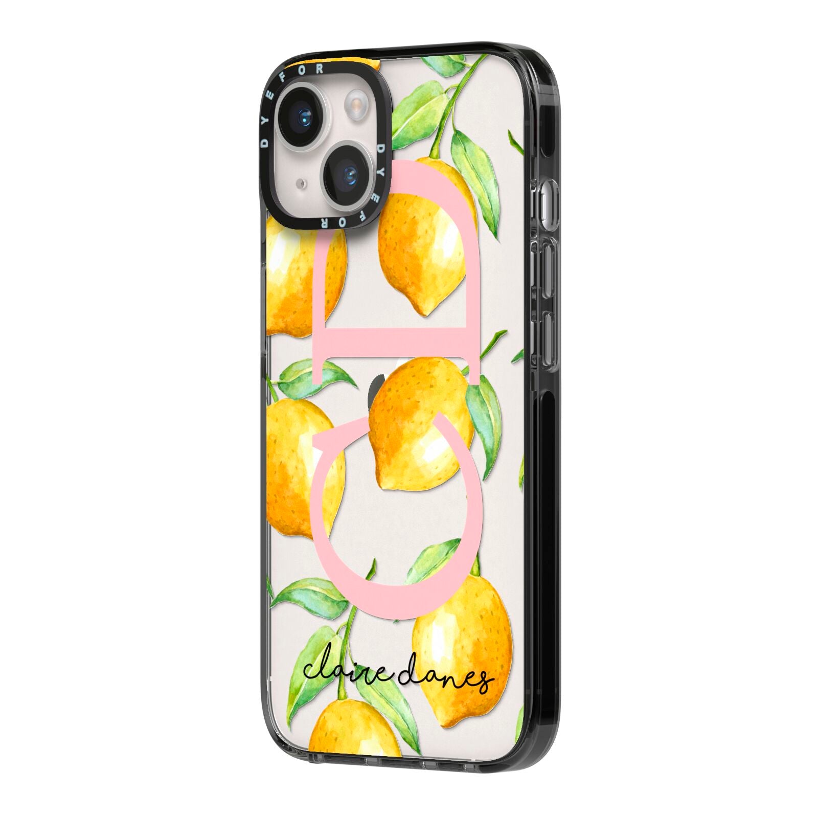 Personalised Lemons iPhone 14 Black Impact Case Side Angle on Silver phone