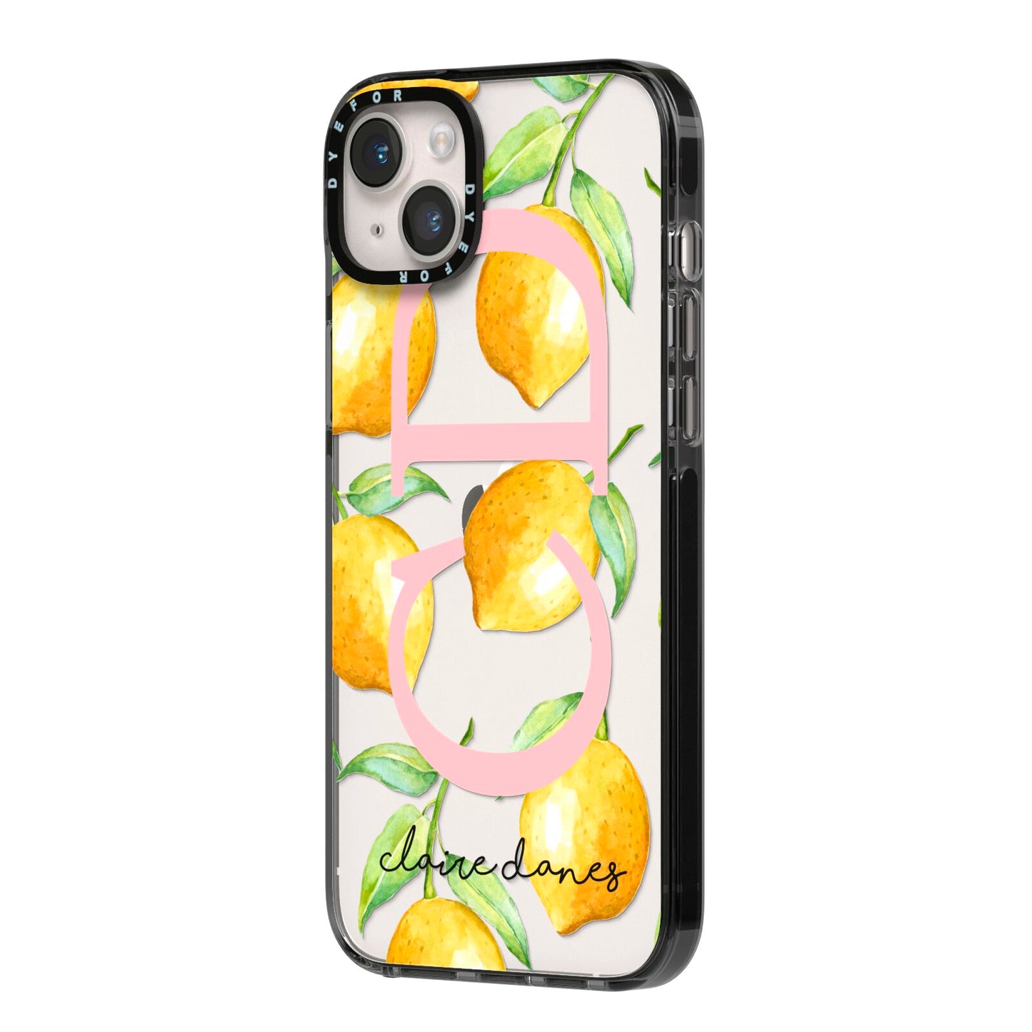 Personalised Lemons iPhone 14 Plus Black Impact Case Side Angle on Silver phone