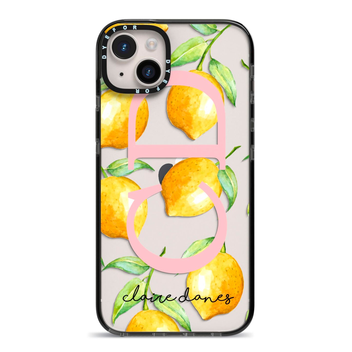 Personalised Lemons iPhone 14 Plus Black Impact Case on Silver phone