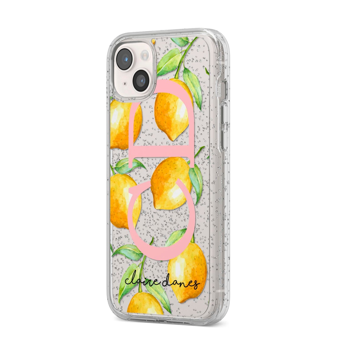 Personalised Lemons iPhone 14 Plus Glitter Tough Case Starlight Angled Image