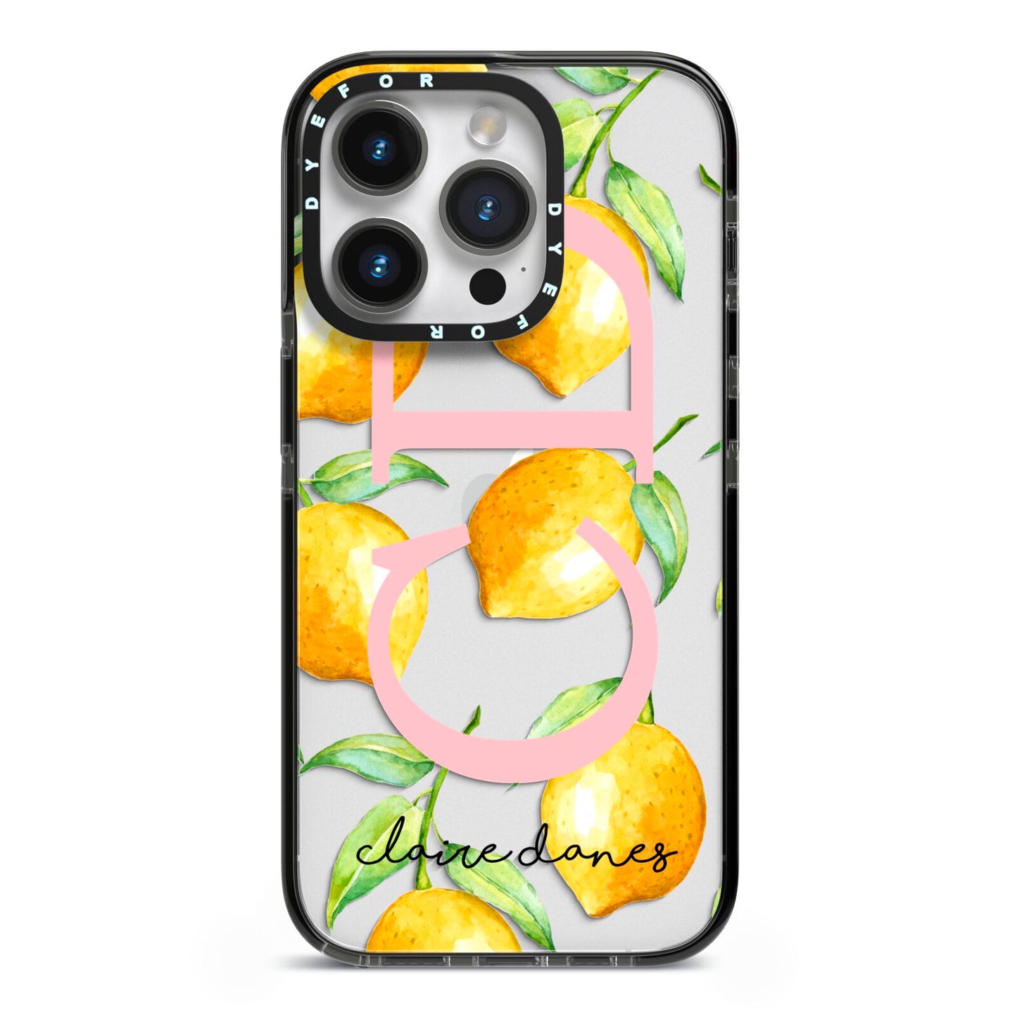 Personalised Lemons iPhone 14 Pro Black Impact Case on Silver phone