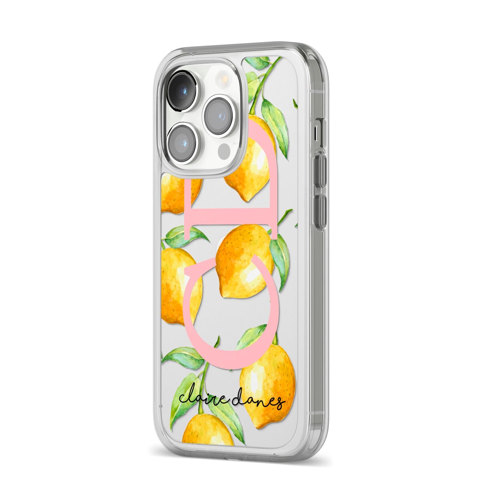 Personalised Lemons iPhone 14 Pro Clear Tough Case Silver Angled Image