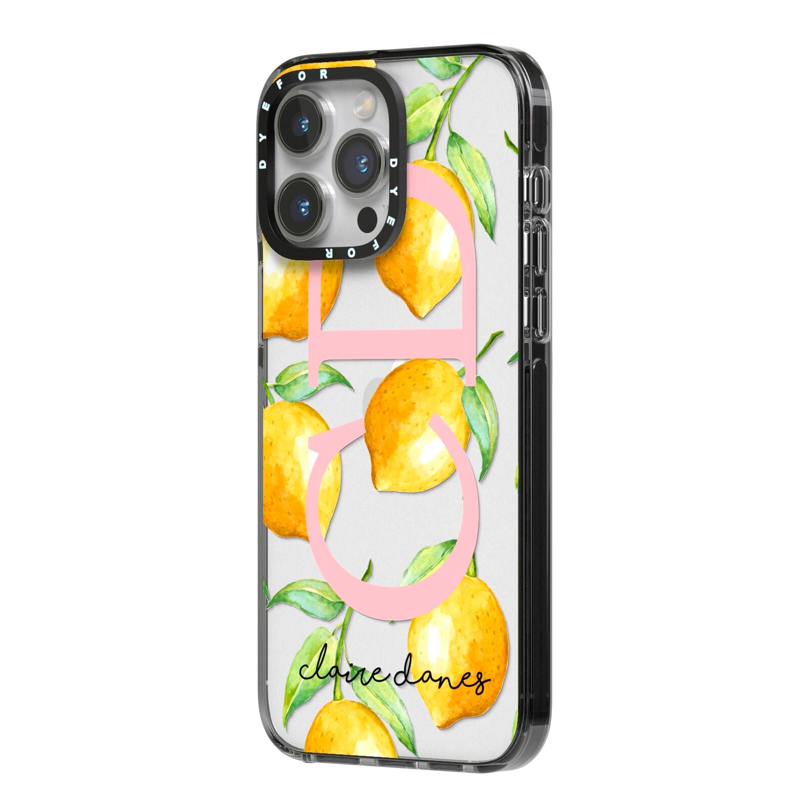 Personalised Lemons iPhone 14 Pro Max Black Impact Case Side Angle on Silver phone