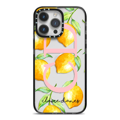 Personalised Lemons iPhone 14 Pro Max Black Impact Case on Silver phone