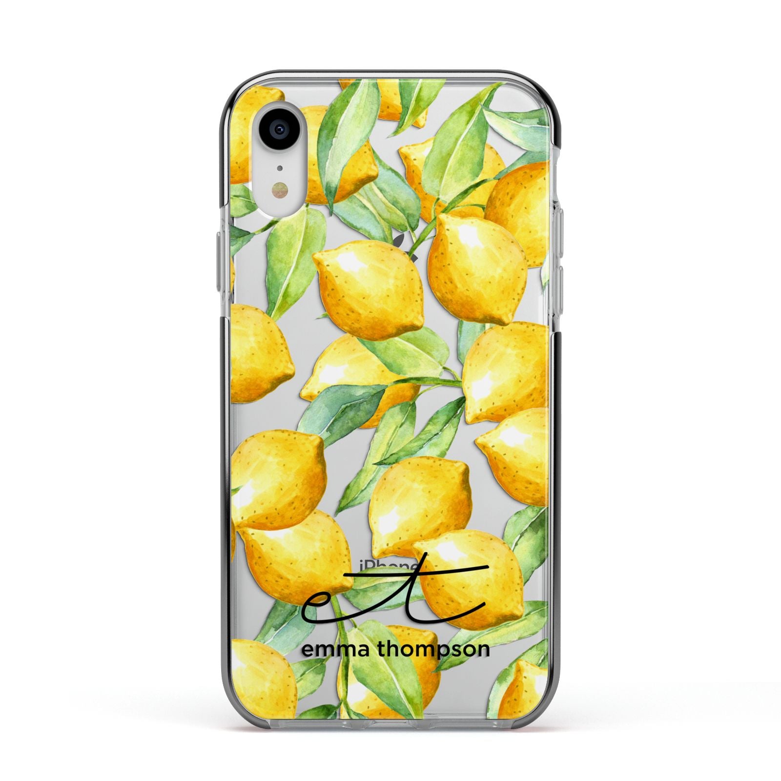 Personalised Lemons of Capri Apple iPhone XR Impact Case Black Edge on Silver Phone