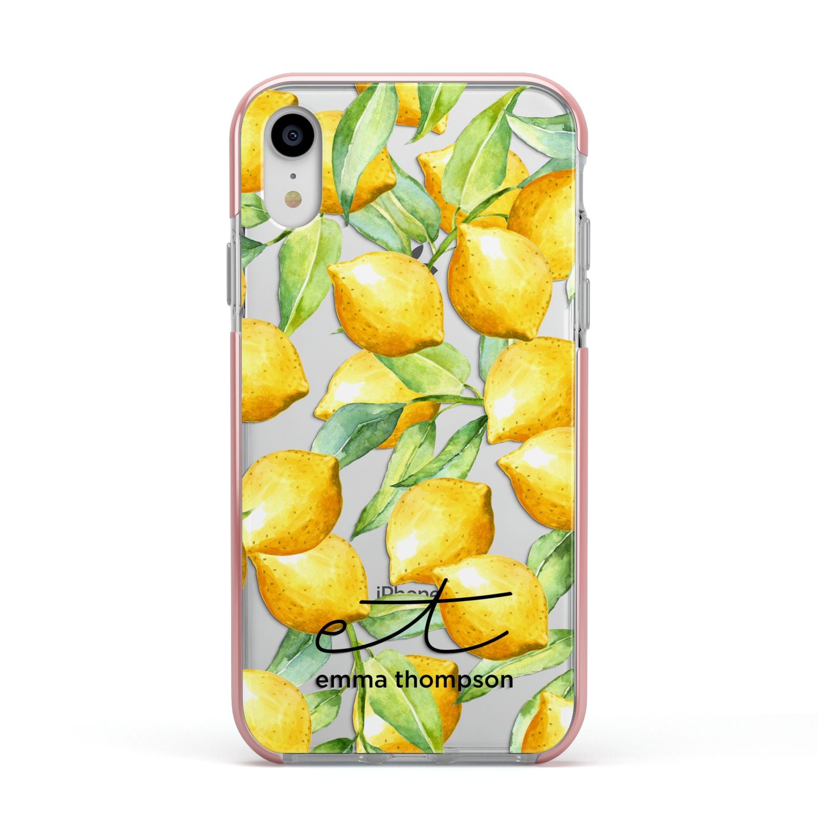Personalised Lemons of Capri Apple iPhone XR Impact Case Pink Edge on Silver Phone