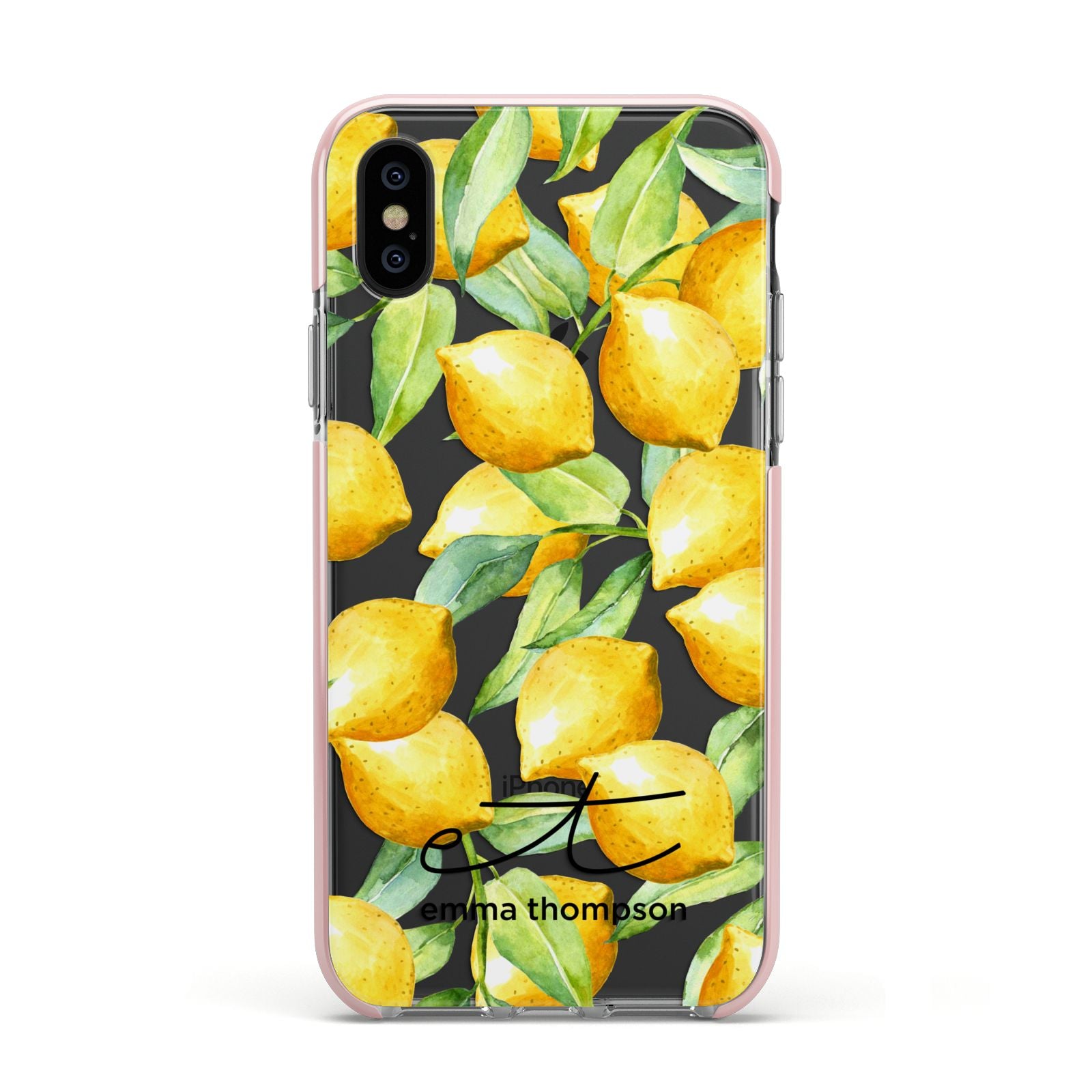 Personalised Lemons of Capri Apple iPhone Xs Impact Case Pink Edge on Black Phone