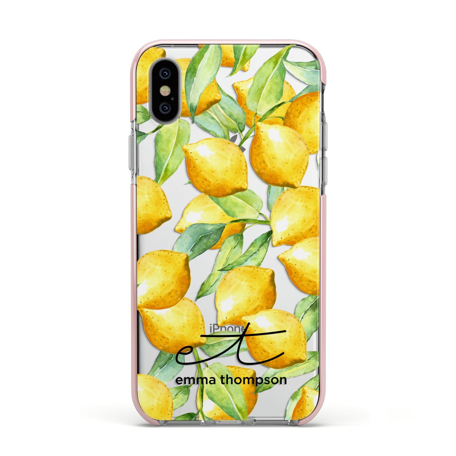 Personalised Lemons of Capri Apple iPhone Xs Impact Case Pink Edge on Silver Phone