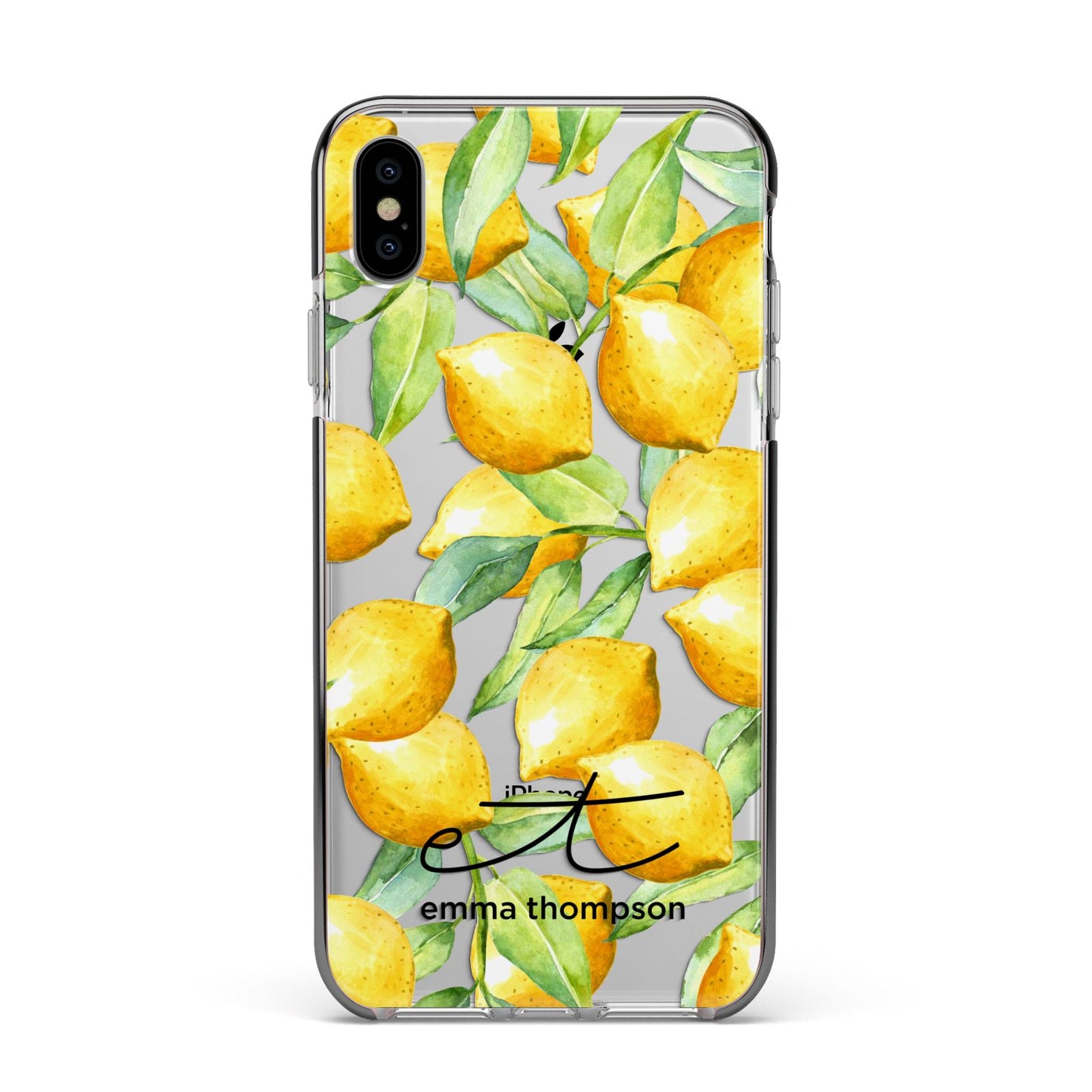 Personalised Lemons of Capri Apple iPhone Xs Max Impact Case Black Edge on Silver Phone