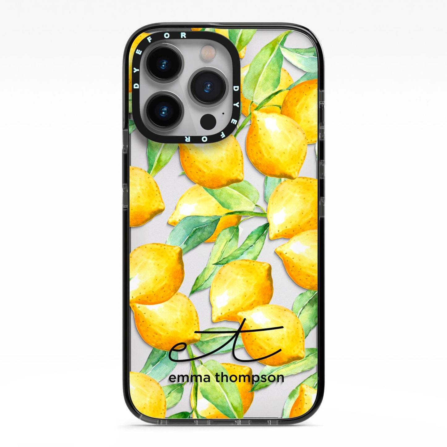 Personalised Lemons of Capri iPhone 13 Pro Black Impact Case on Silver phone