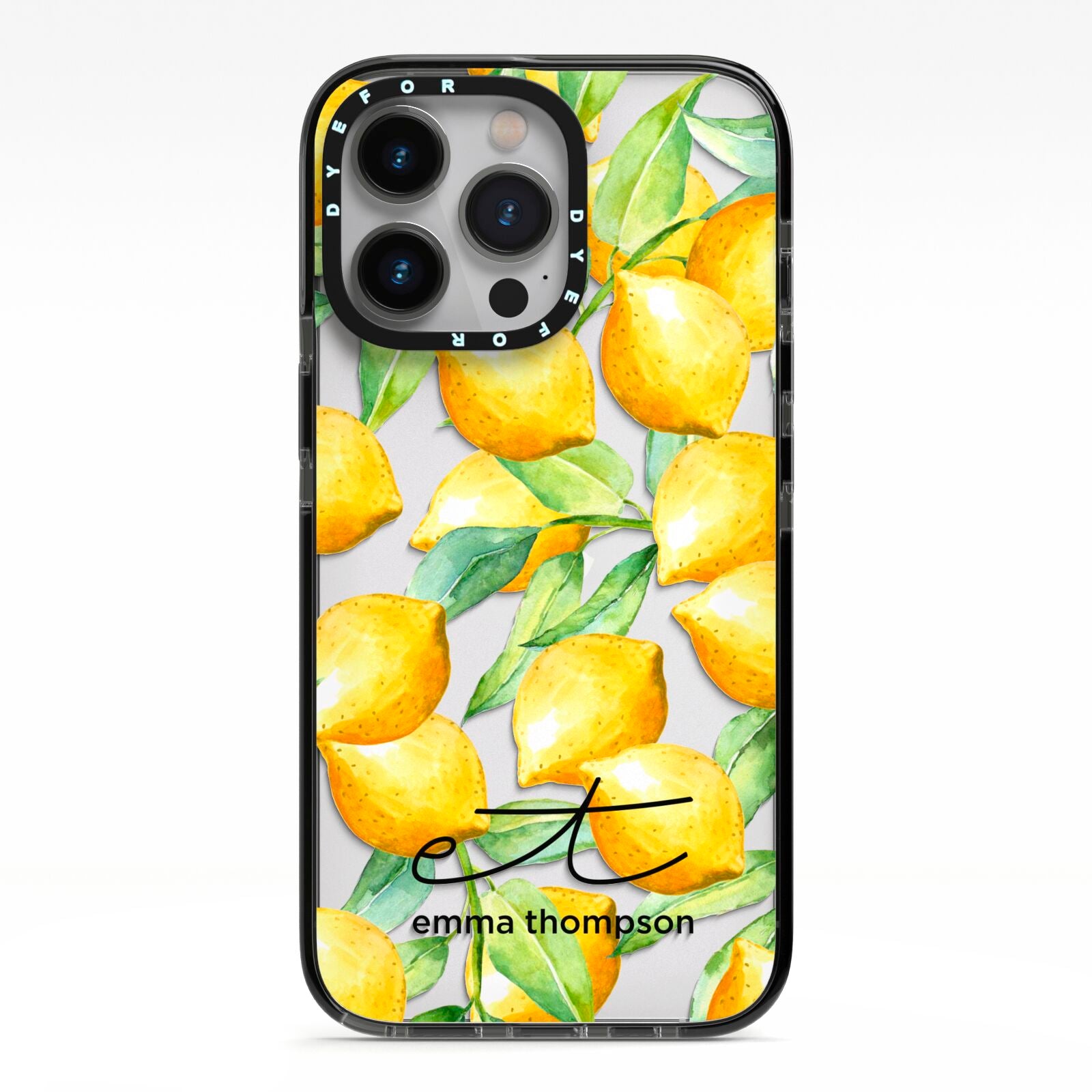 Personalised Lemons of Capri iPhone 13 Pro Black Impact Case on Silver phone