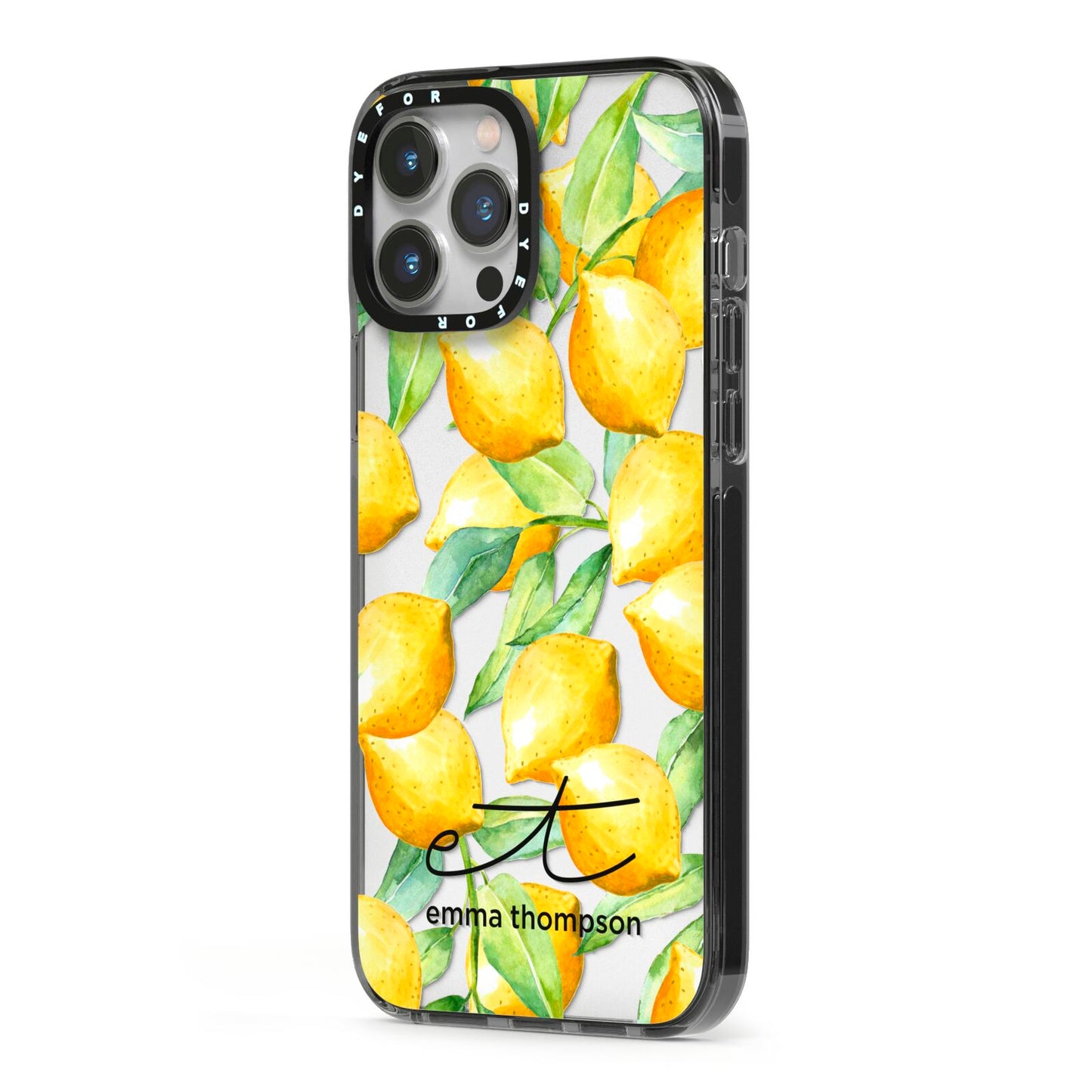 Personalised Lemons of Capri iPhone 13 Pro Max Black Impact Case Side Angle on Silver phone