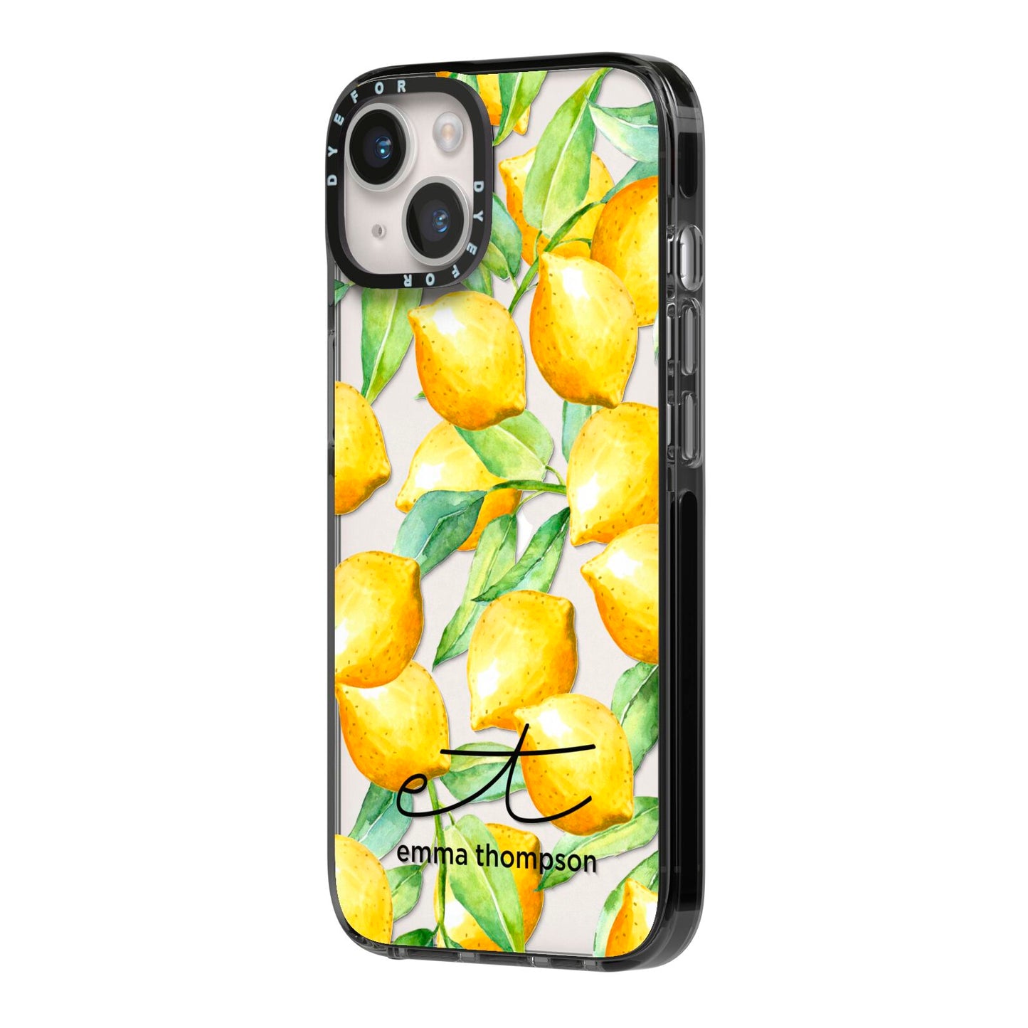 Personalised Lemons of Capri iPhone 14 Black Impact Case Side Angle on Silver phone
