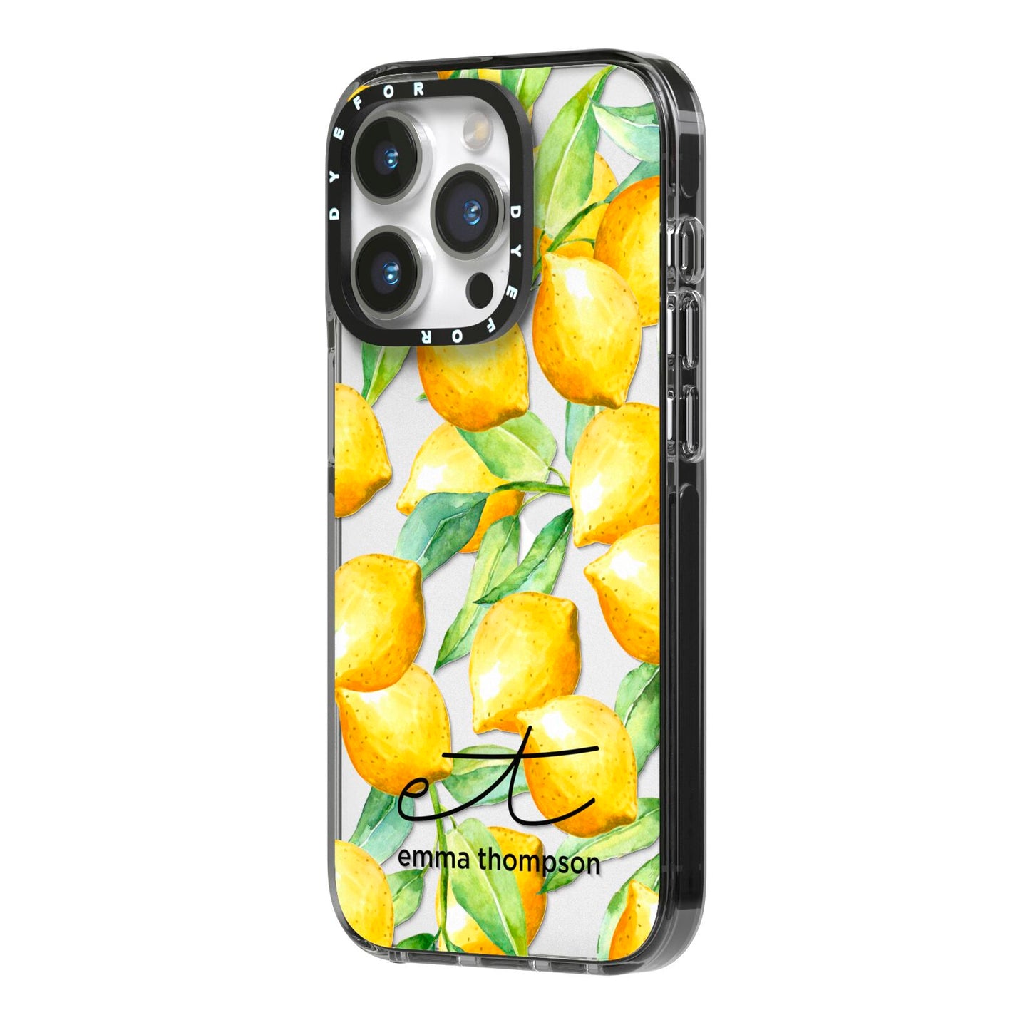 Personalised Lemons of Capri iPhone 14 Pro Black Impact Case Side Angle on Silver phone