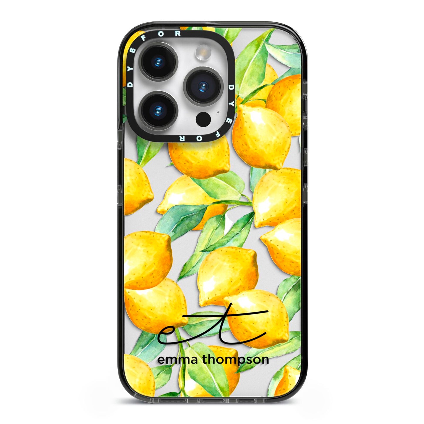 Personalised Lemons of Capri iPhone 14 Pro Black Impact Case on Silver phone