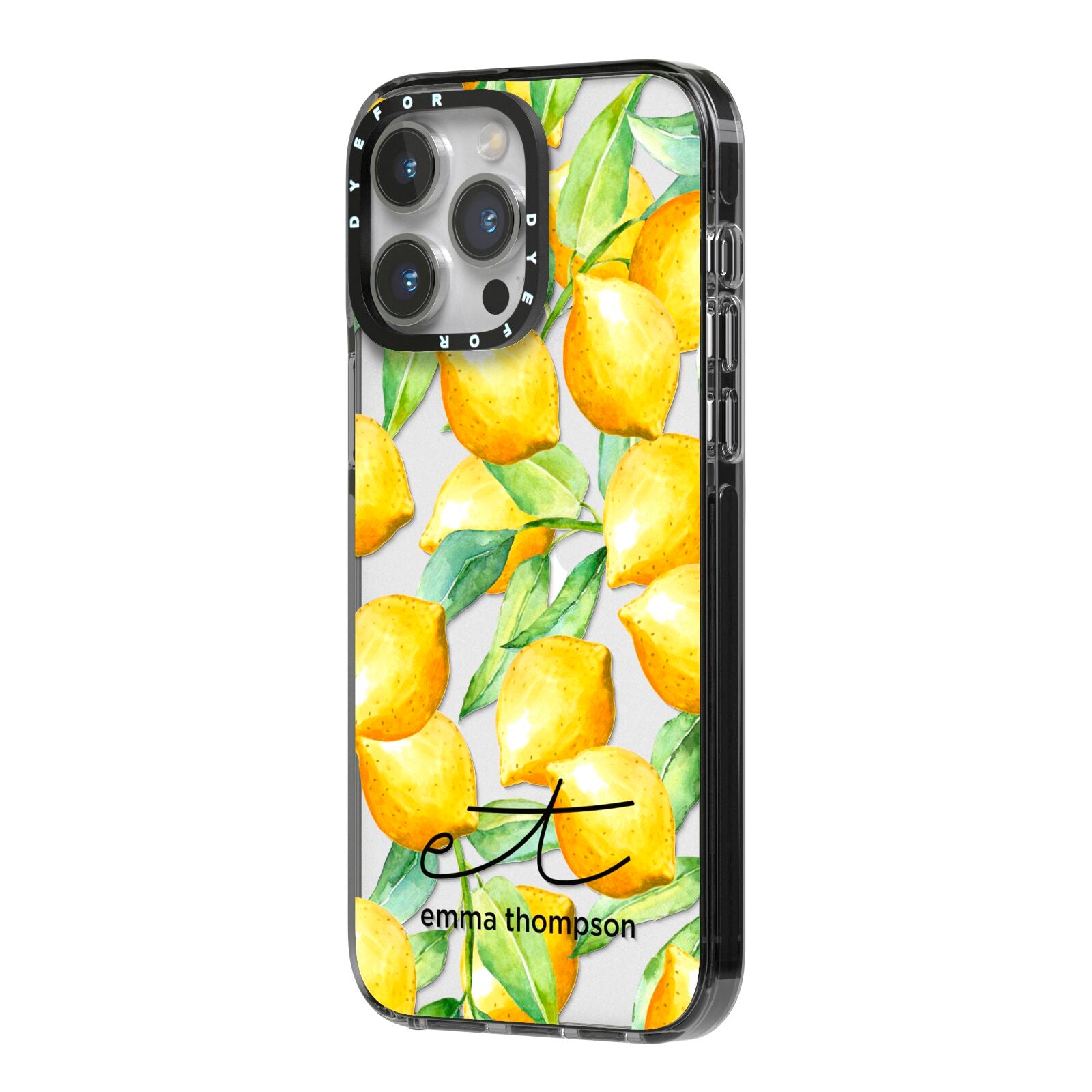 Personalised Lemons of Capri iPhone 14 Pro Max Black Impact Case Side Angle on Silver phone