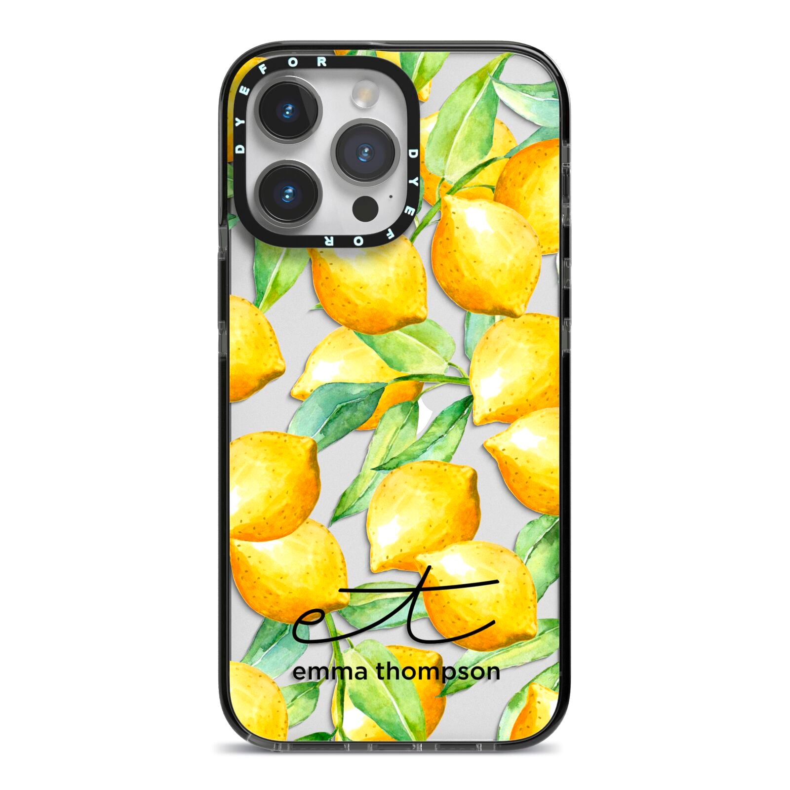 Personalised Lemons of Capri iPhone 14 Pro Max Black Impact Case on Silver phone