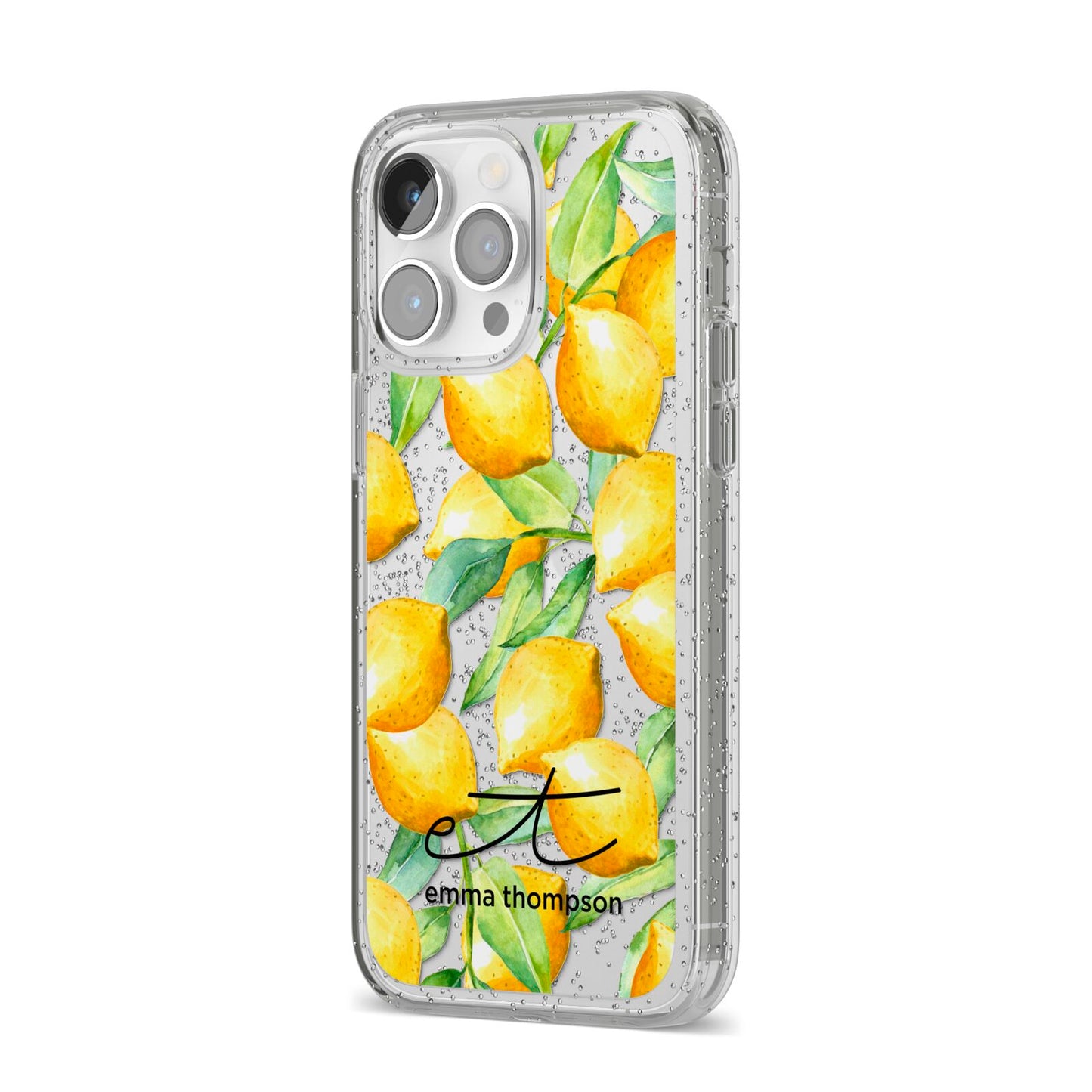 Personalised Lemons of Capri iPhone 14 Pro Max Glitter Tough Case Silver Angled Image