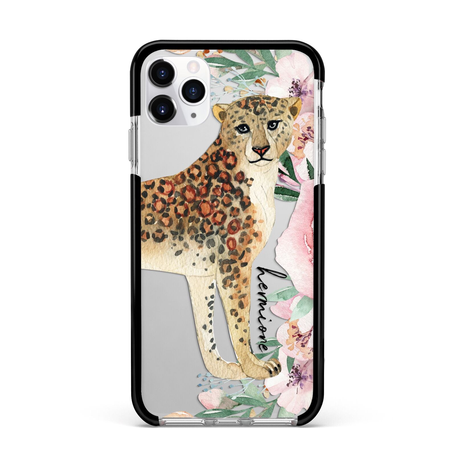 Personalised Leopard Apple iPhone 11 Pro Max in Silver with Black Impact Case
