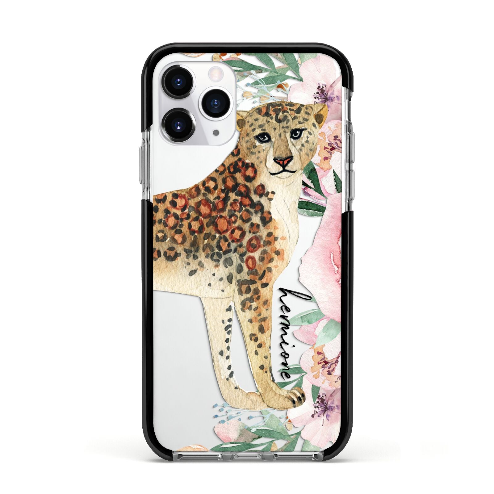Personalised Leopard Apple iPhone 11 Pro in Silver with Black Impact Case