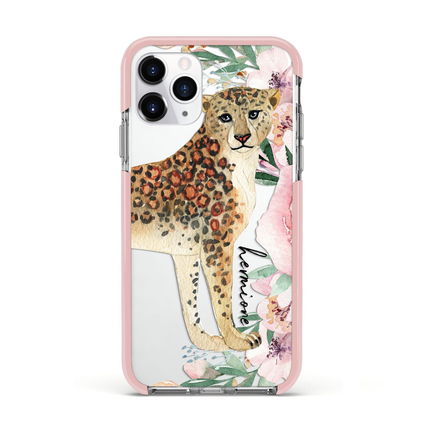 Personalised Leopard Apple iPhone 11 Pro in Silver with Pink Impact Case